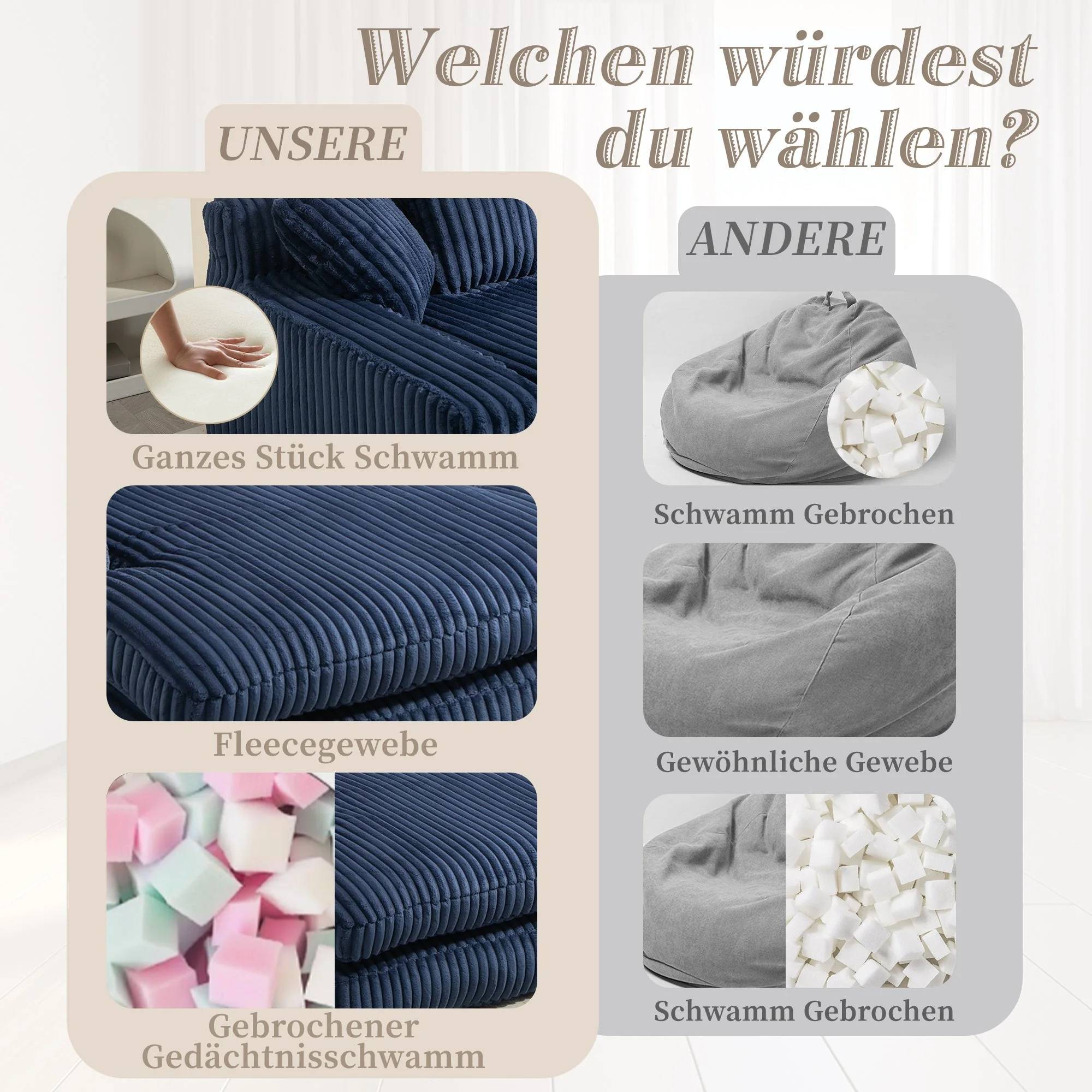 Sofa Bed, Cloud Couch with 3 Soft Pillows, Single Seat, Corduroy Navy Blue - Image 4