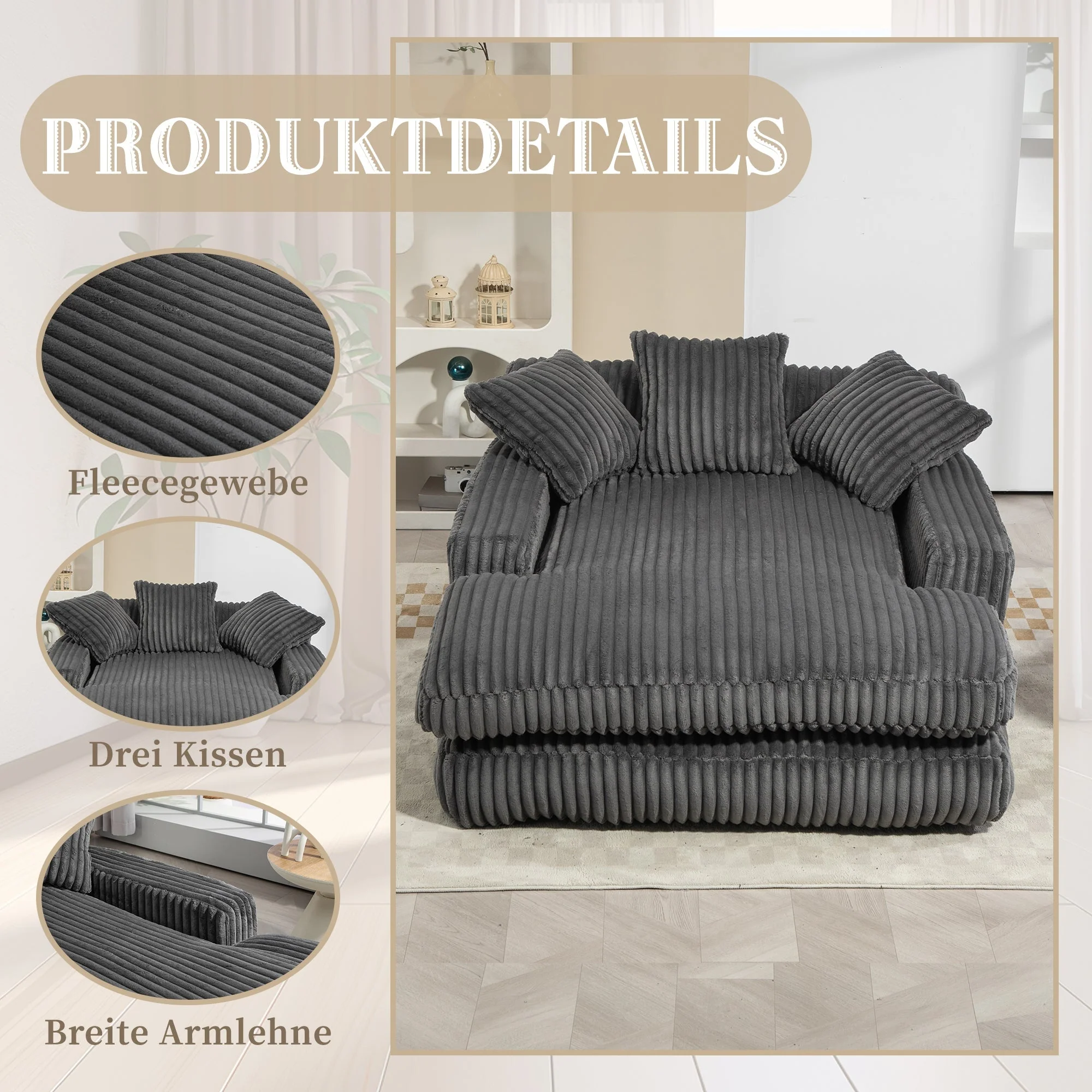 Sofa Bed, Cloud Couch with 3 Soft Pillows, Single Seat, Dark Grey Corduroy - Image 2