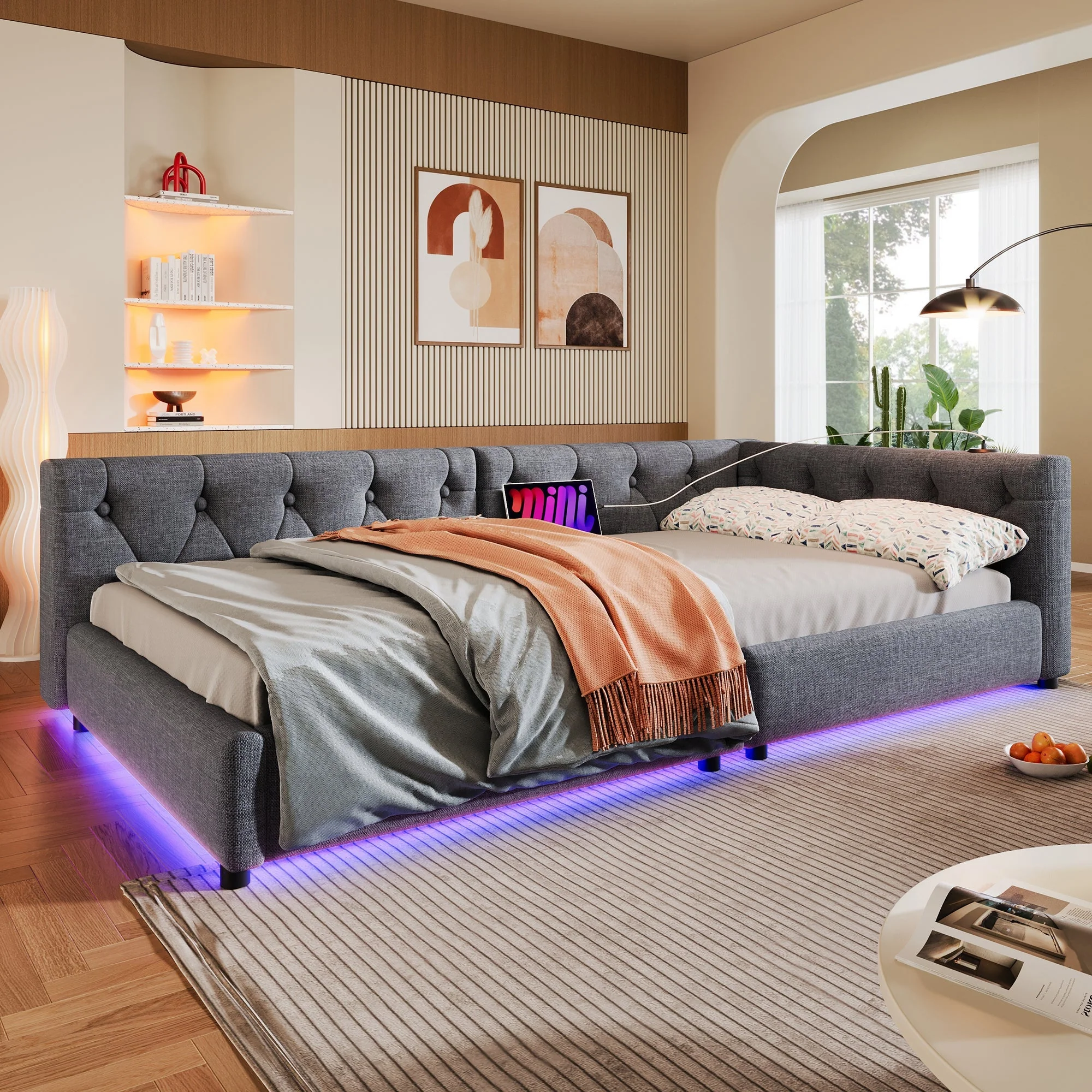 Sofa Bed Daybed 90x200cm Button Tufting Ambient LED USB-C Beige Linen - Image 5
