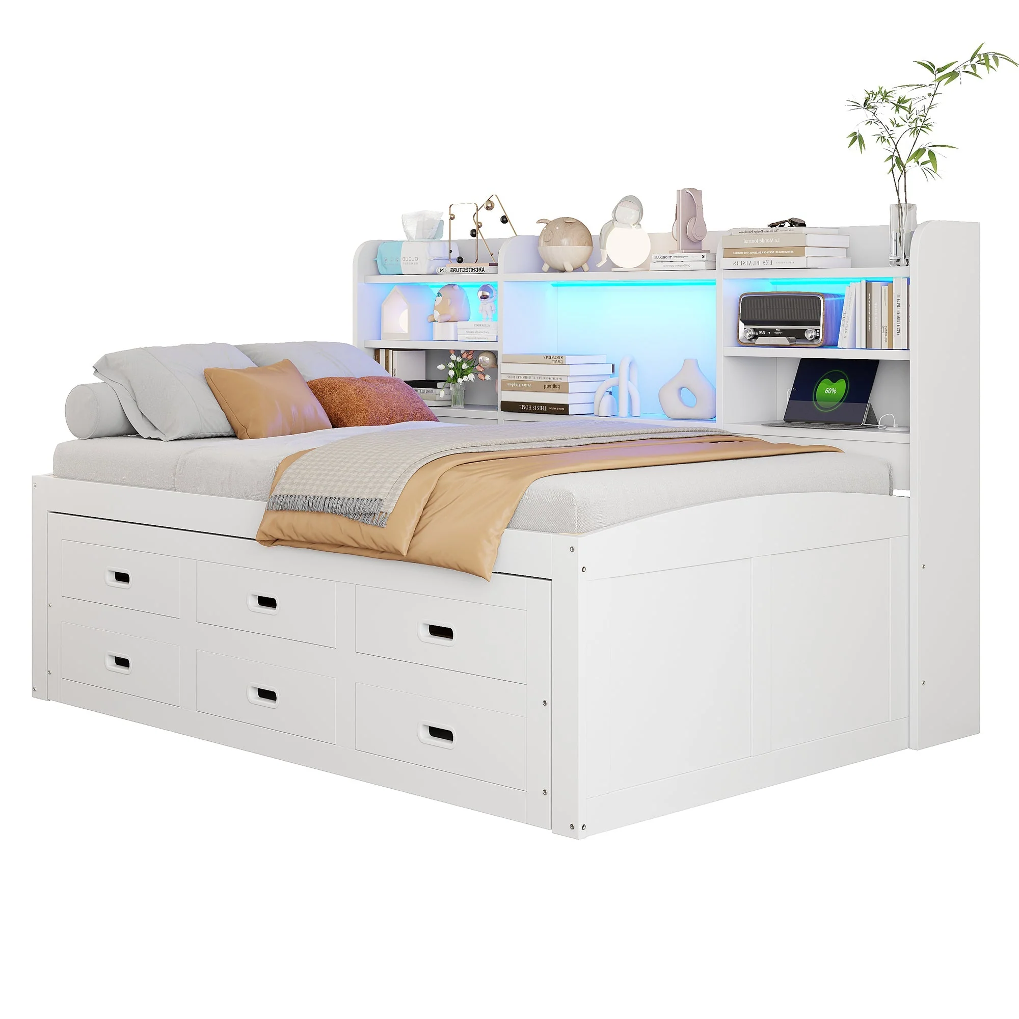 Sofa Bed Daybed 90x200cm Extendable LED 3 Drawers Shelf USB/Type-C - White - Image 8