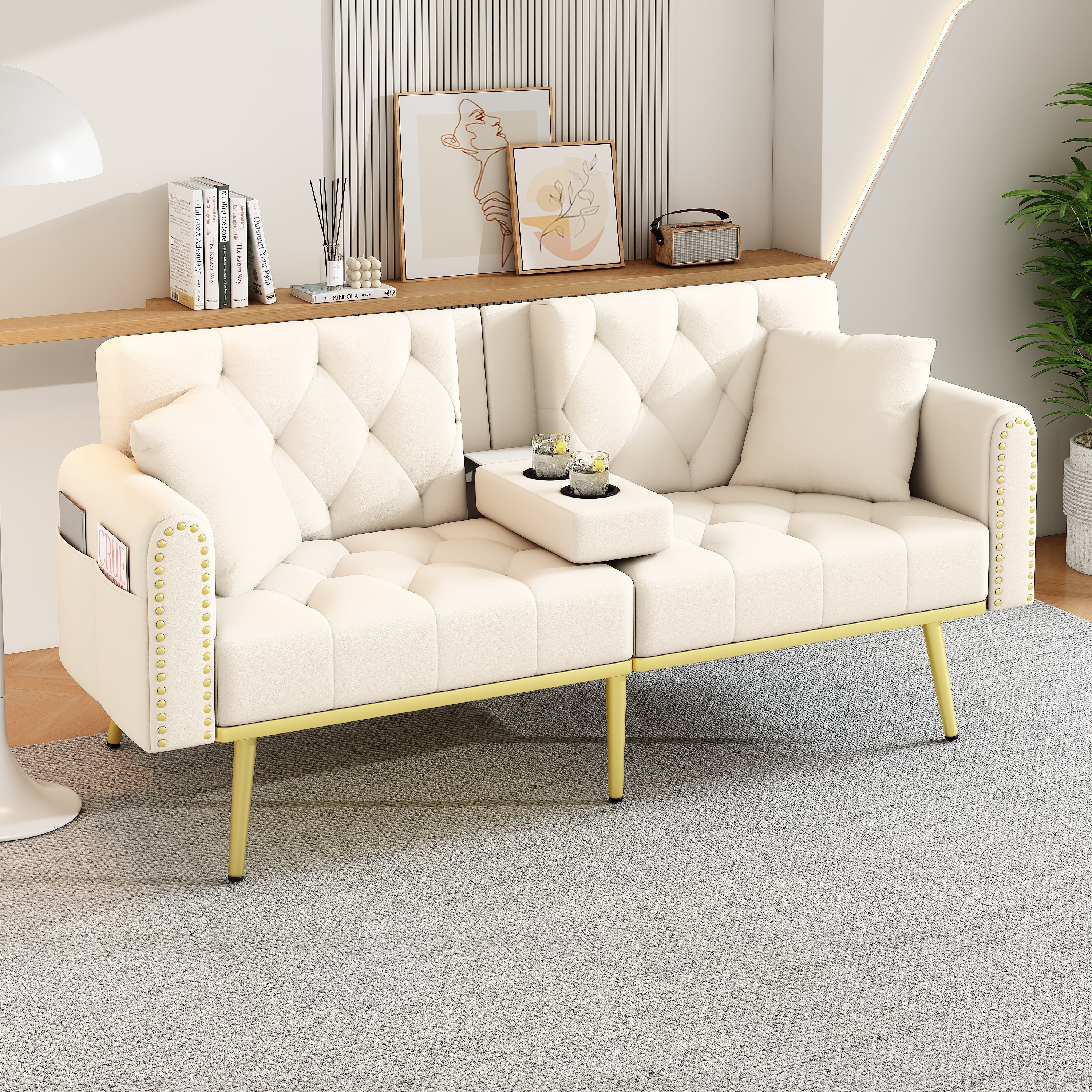 Sofa Bed Double Fold-Out Reclining Cup Holders - Fabric Beige - Image 2