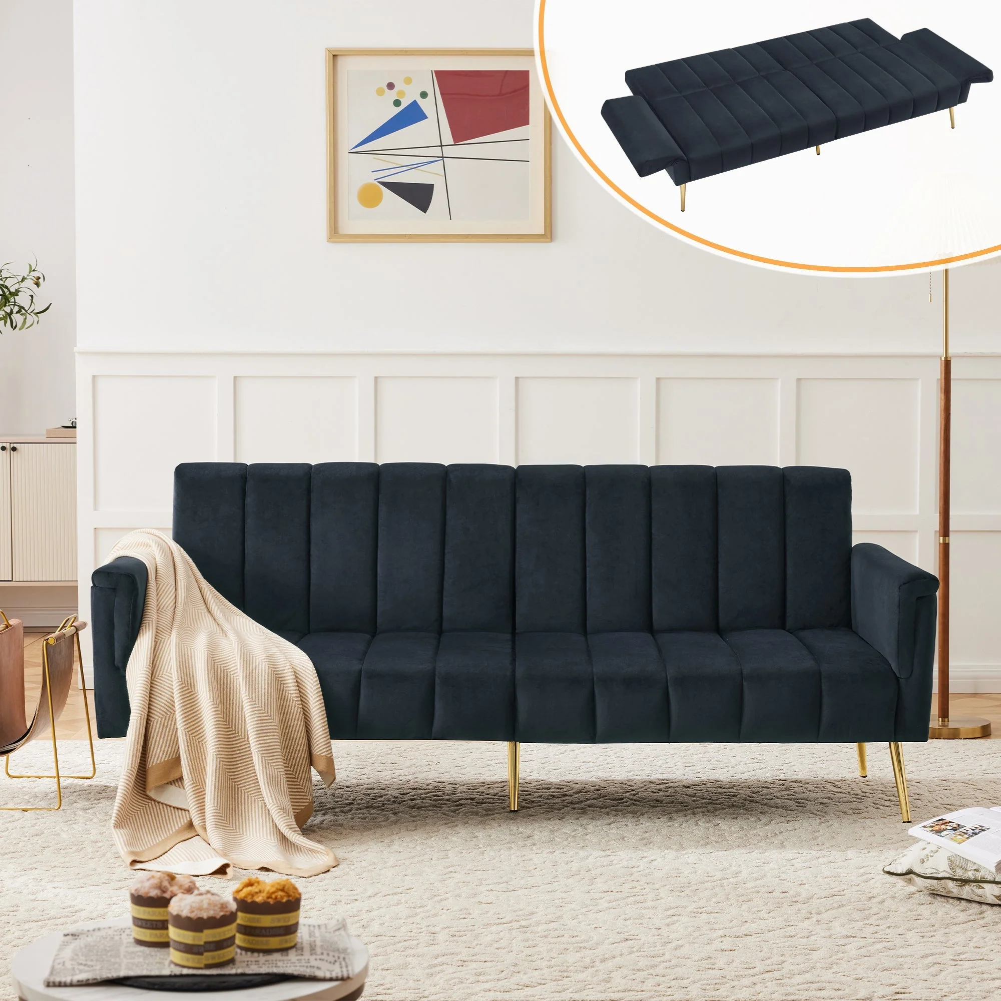 Sofa Bed Fold-Out Sleeping Function, Velvet Fabric - Image 2