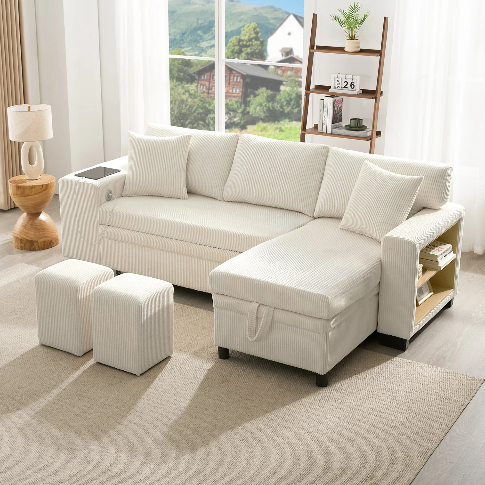 Sofa Bed L-Shaped Convertible 3-Seater with USB, Storage, and Shelves - Image 4
