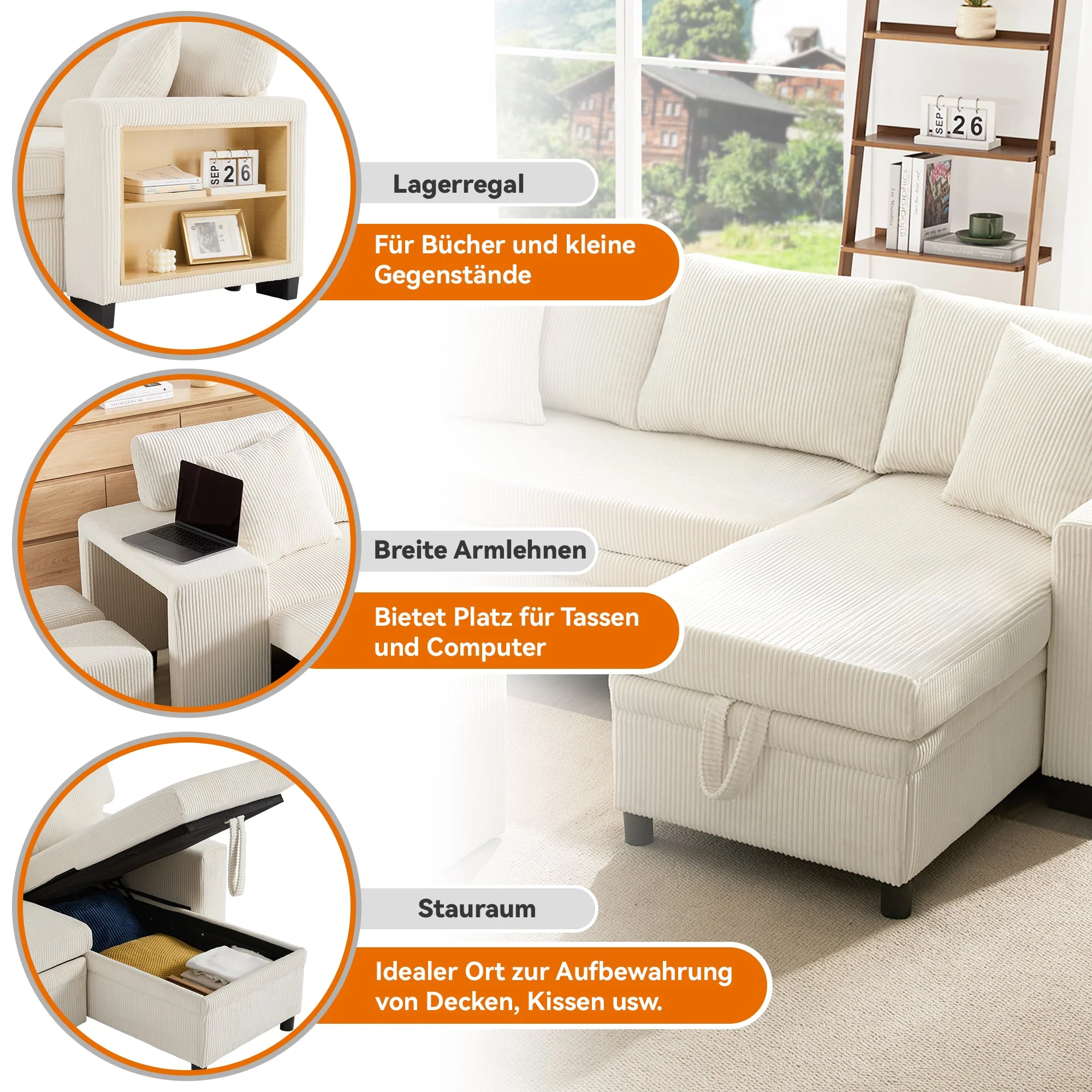 Sofa Bed L-Shaped Convertible 3-Seater with USB, Storage, and Shelves - Image 7