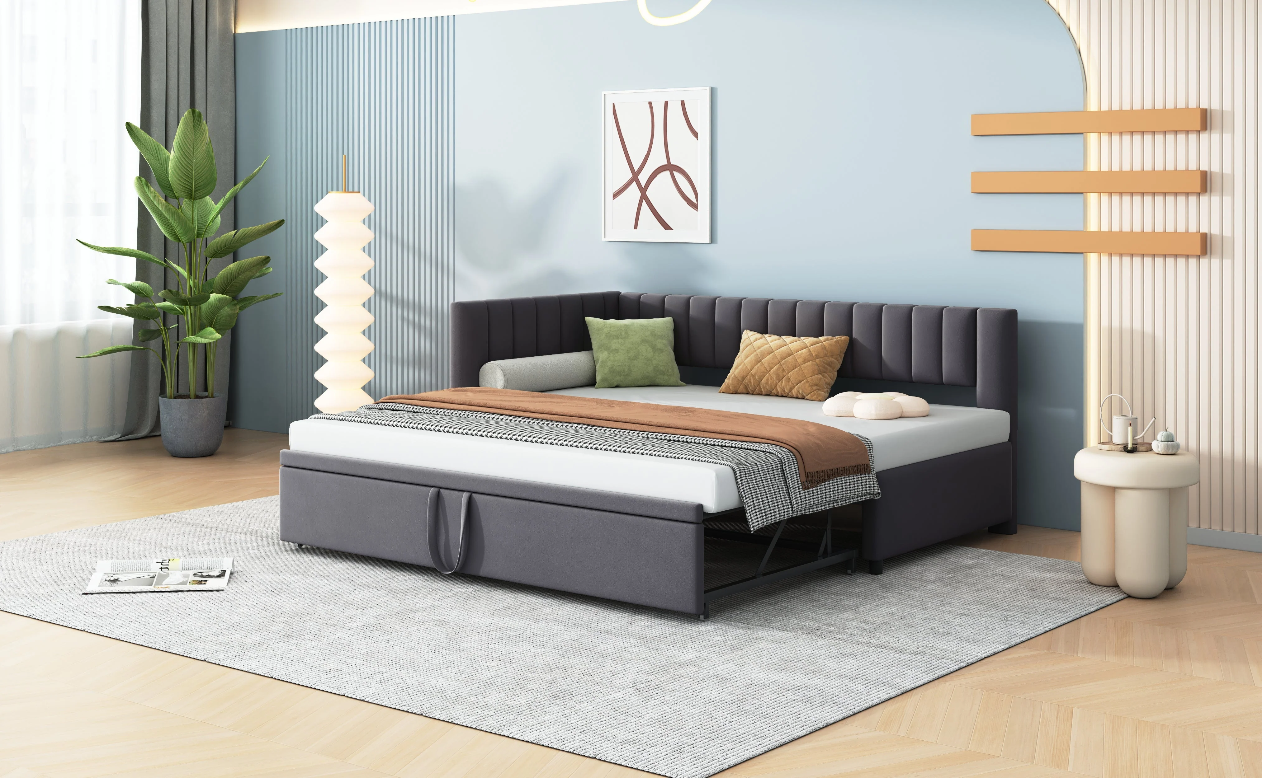 Sofa Bed, L-Shaped Pull-Out 90/180*200cm, Velvet Fabric, Gray - Image 8