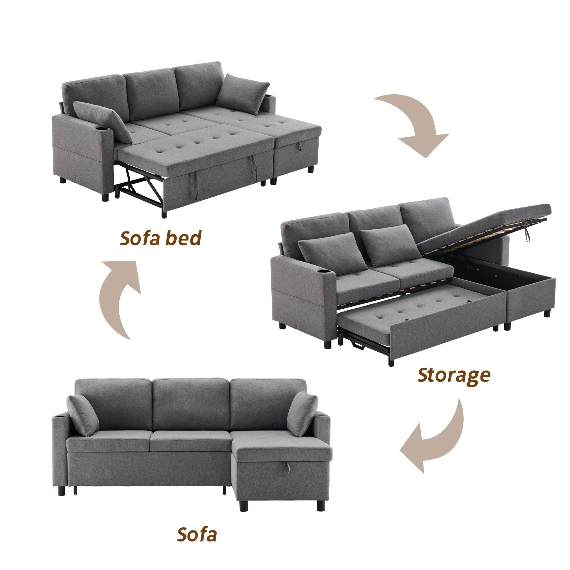 Sofa Bed L-Shaped Pull Out Sofa with Storage, Grey - Image 8