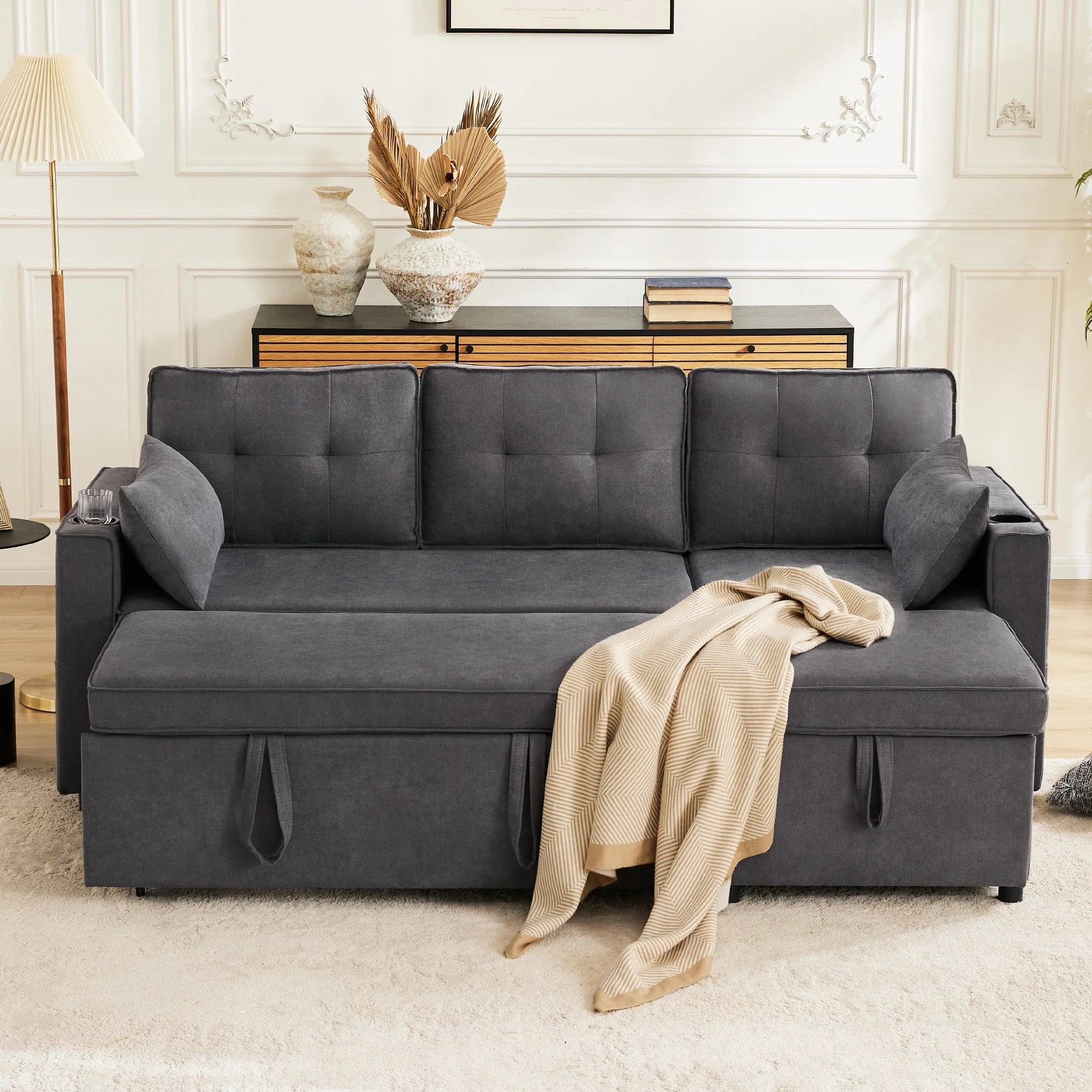 Sofa Bed L-Shaped Sleeping Function Storage Cup Holder Interchangeable Upholstered - Image 12