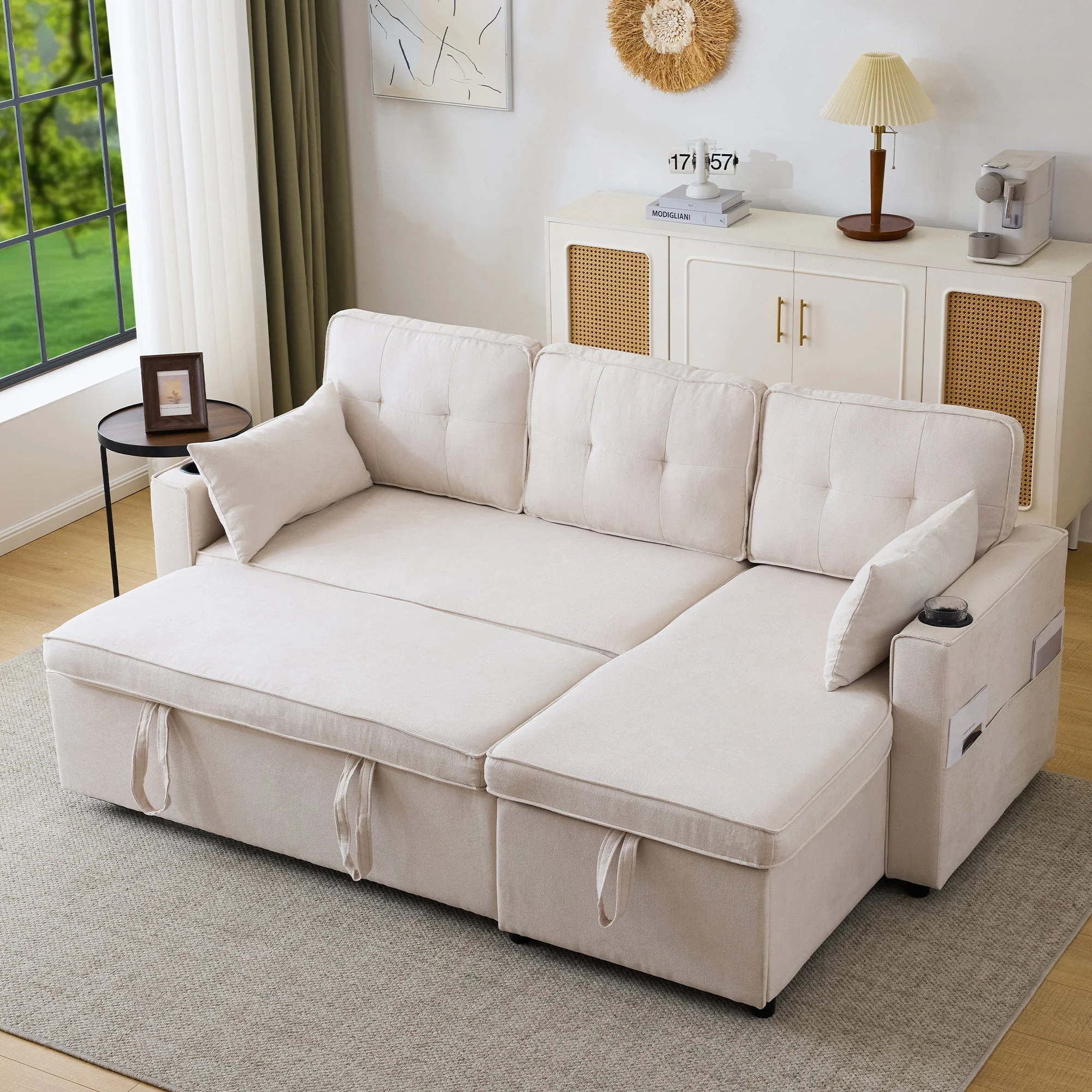 Sofa Bed L-Shaped Sleeping Function Storage Cup Holder Upholstered - Image 6