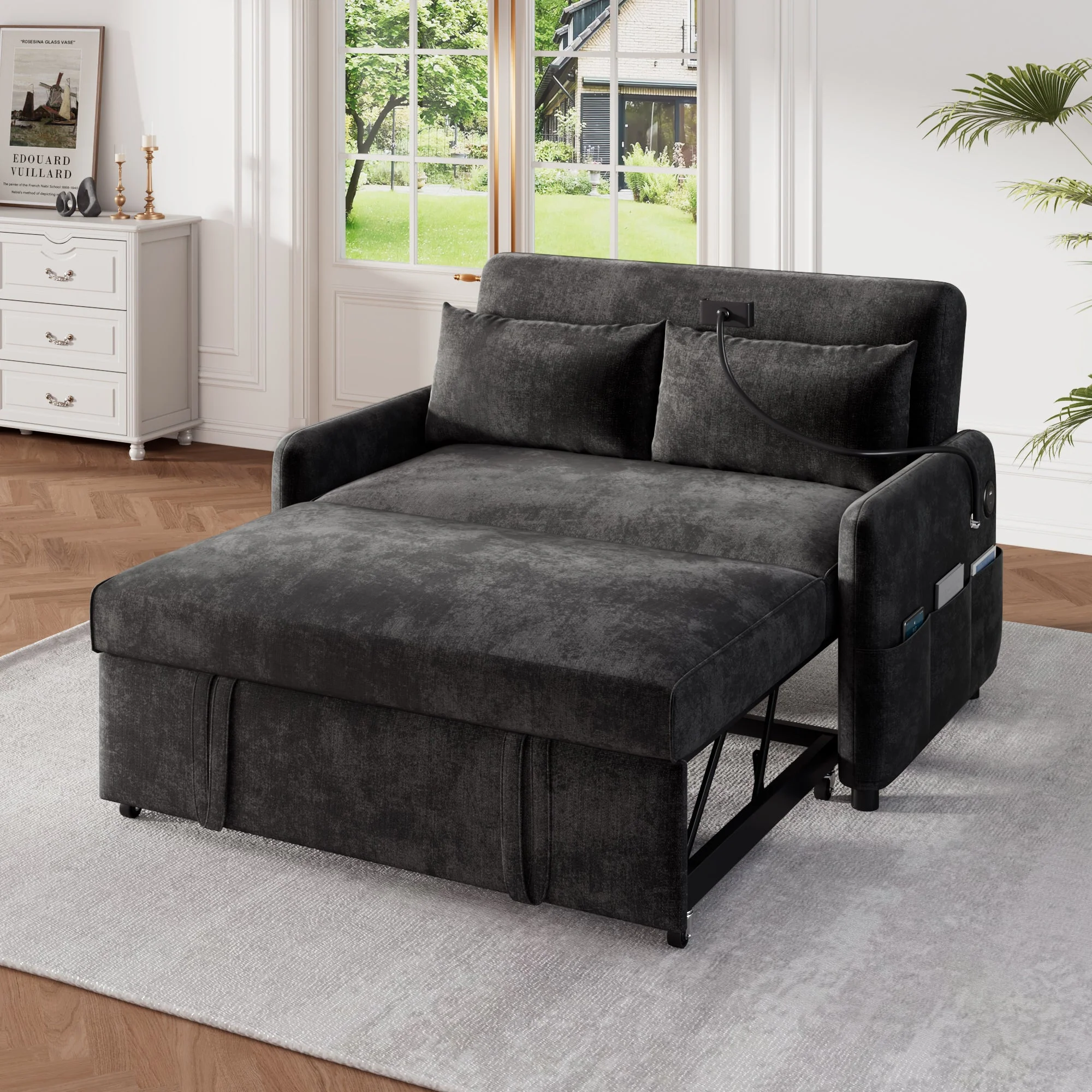 Sofa Bed, Modern Double Folding with Adjustable Backrest, Mobile Holder & USB Port - Image 2