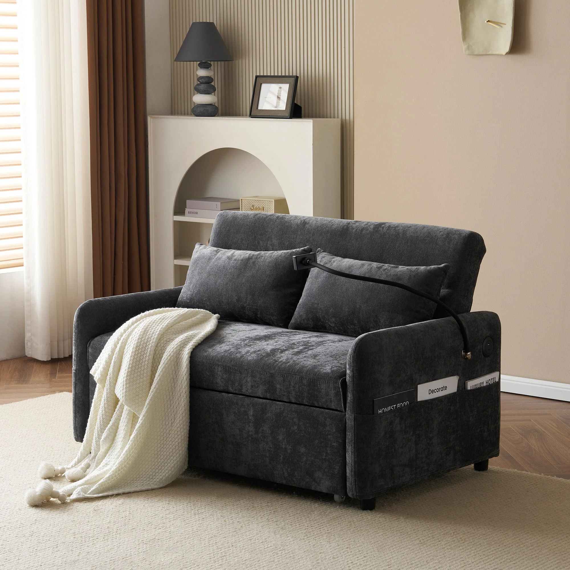 Sofa Bed, Modern Double Folding with Adjustable Backrest, Mobile Holder & USB Port - Image 6