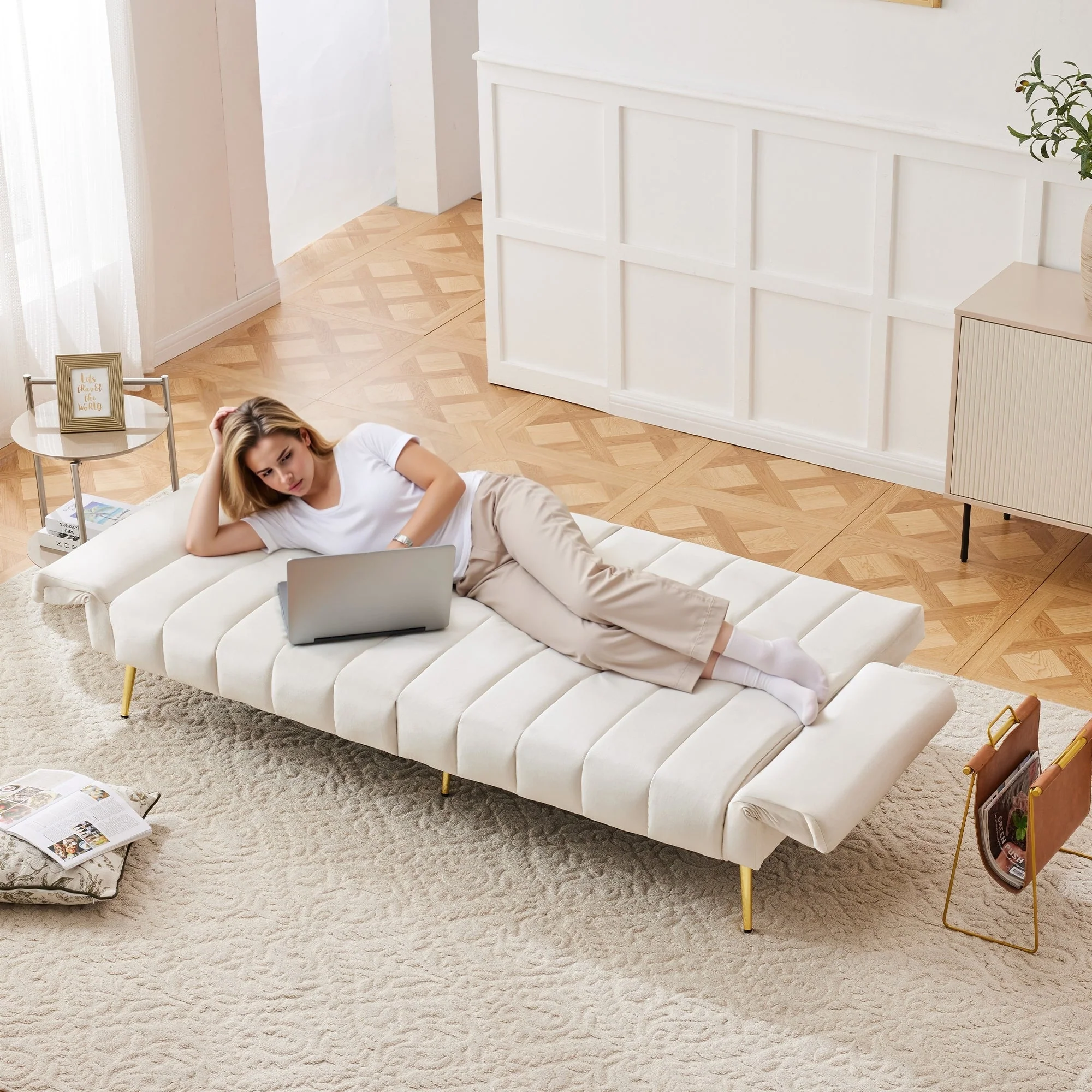 Sofa Bed, Modern Folding with Sleeping Function, Velvet Fabric - Image 11