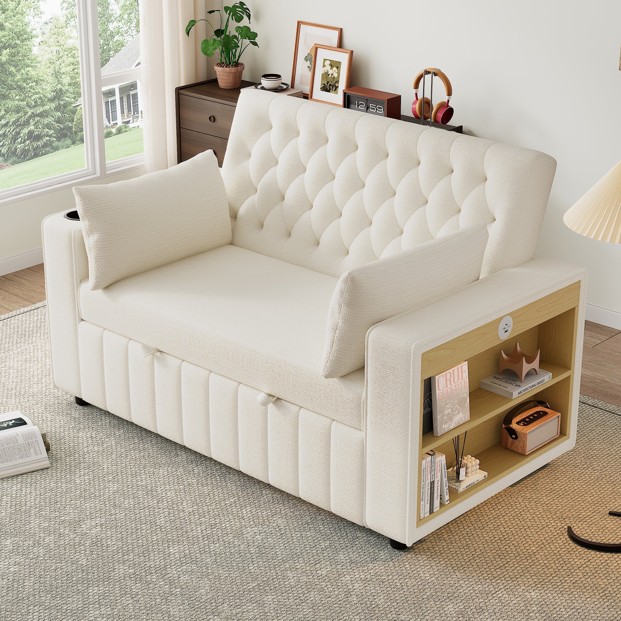 Sofa Bed, Modern Folding with Storage, Cup Holder, USB, Beige - Image 3