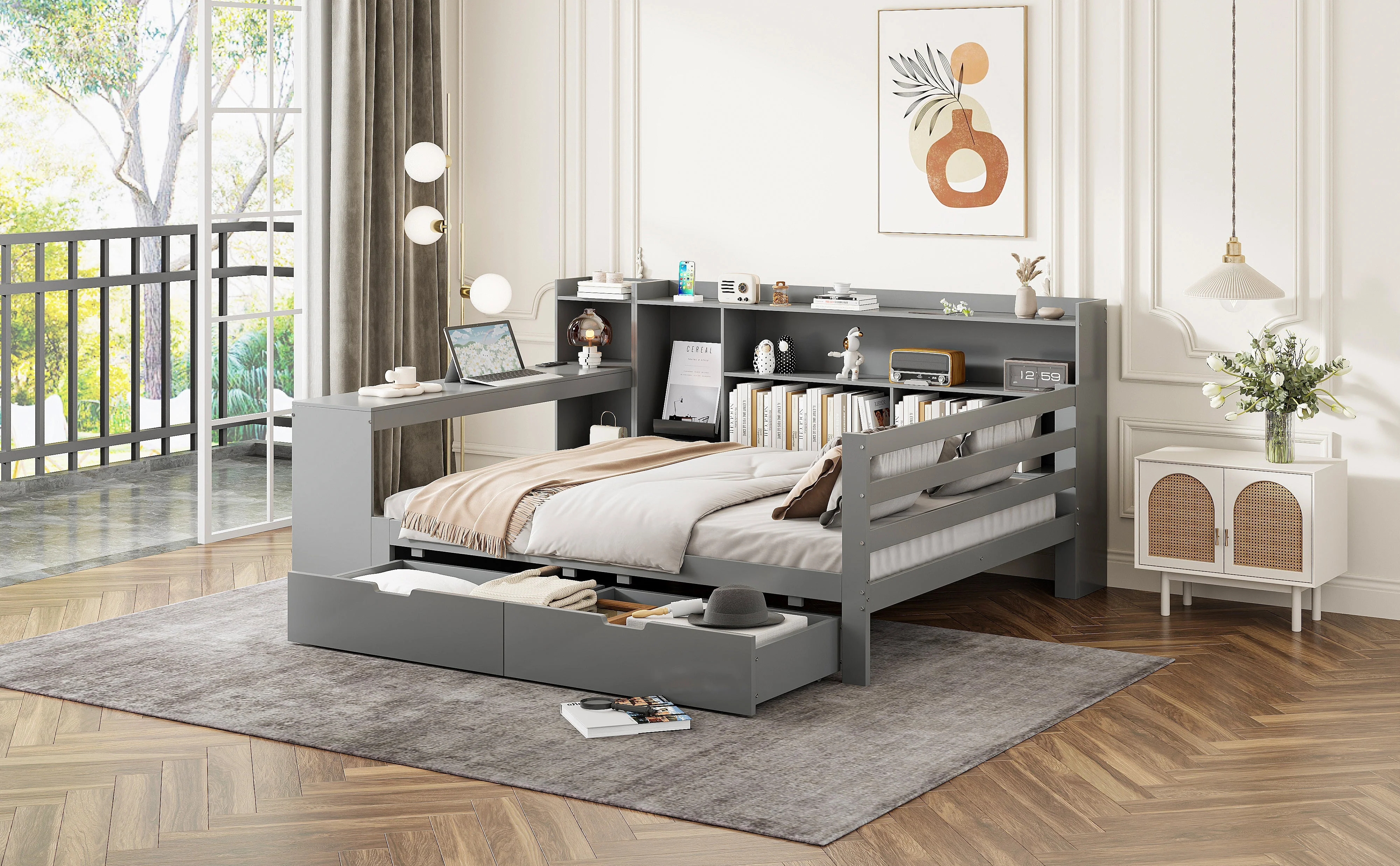 Sofa Bed, Multifunctional 140x200cm with Desk Storage & Power Outlet, Solid Wood Grey - Image 7