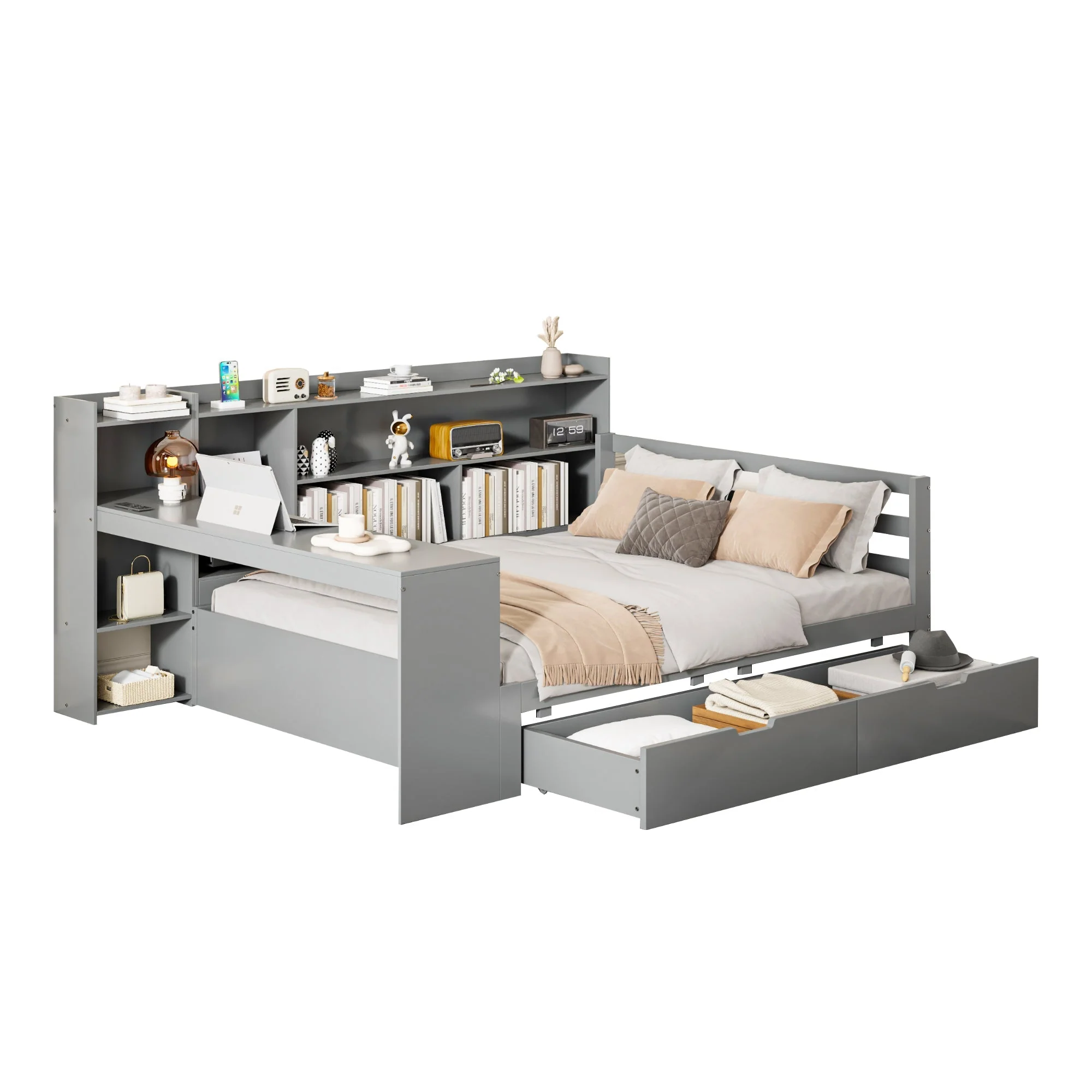 Sofa Bed, Multifunctional 140x200cm with Desk Storage & Power Outlet, Solid Wood Grey - Image 8