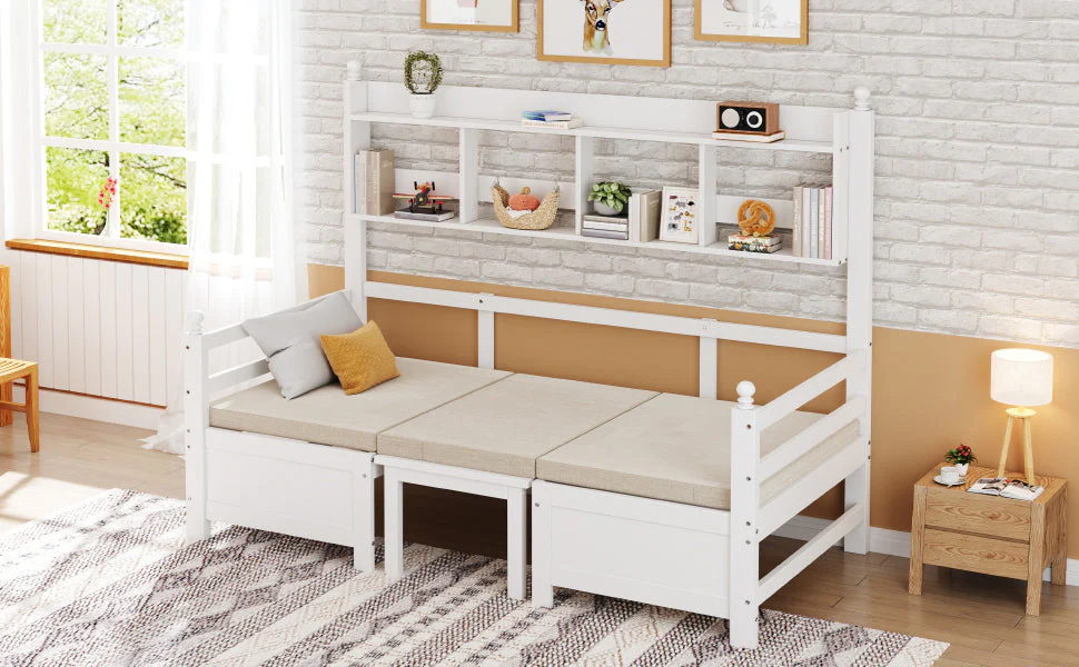 Sofa Bed, Multifunctional 2-in-1 Bed & Desk with Bookshelf & Pillows, Solid Wood White - Image 6