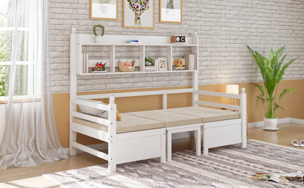 Sofa Bed, Multifunctional 2-in-1 Bed & Desk with Bookshelf & Pillows, Solid Wood White - Image 7