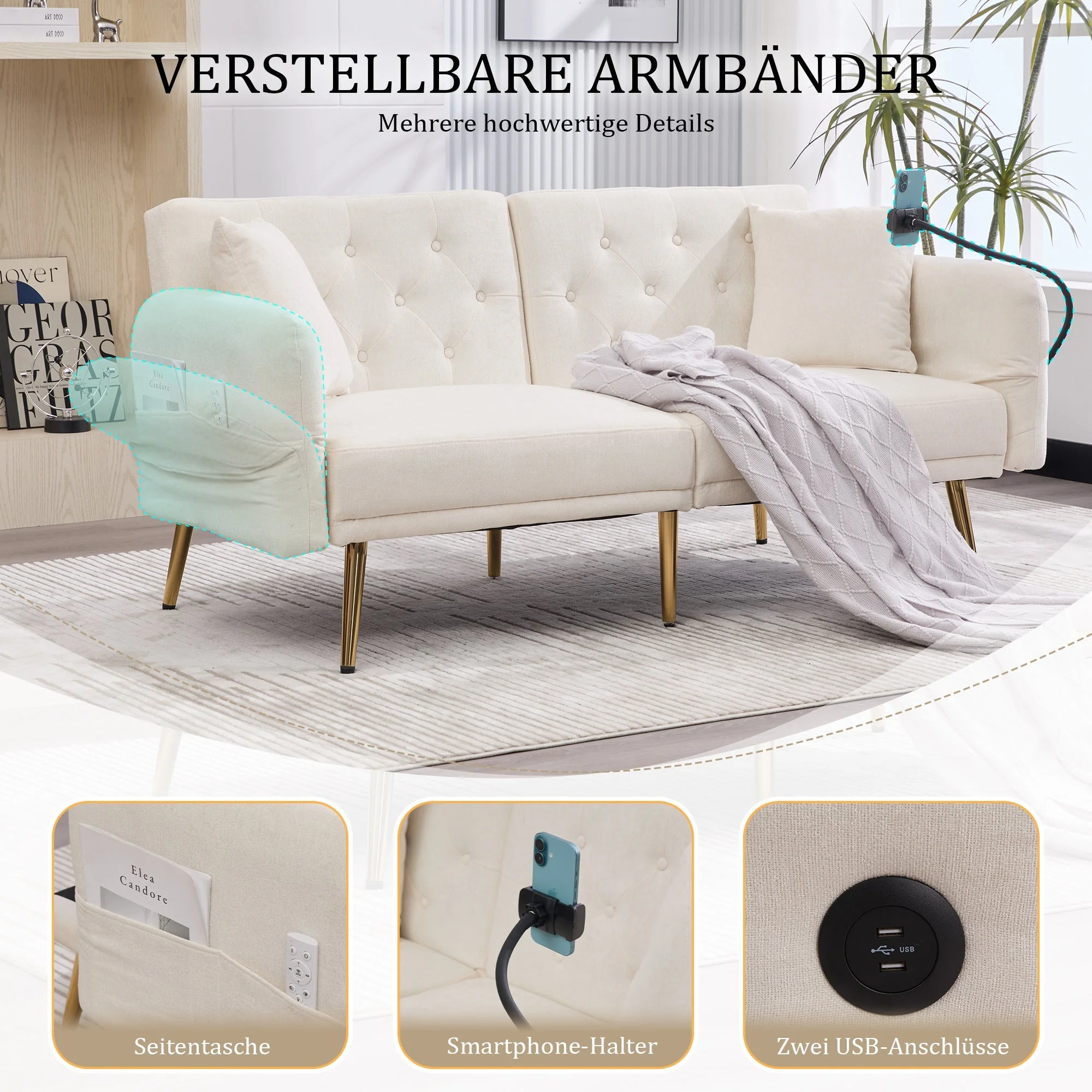 Sofa Bed, Multifunctional Adjustable Backrest USB Ports Phone Holder Metal Legs, Metal - Image 4