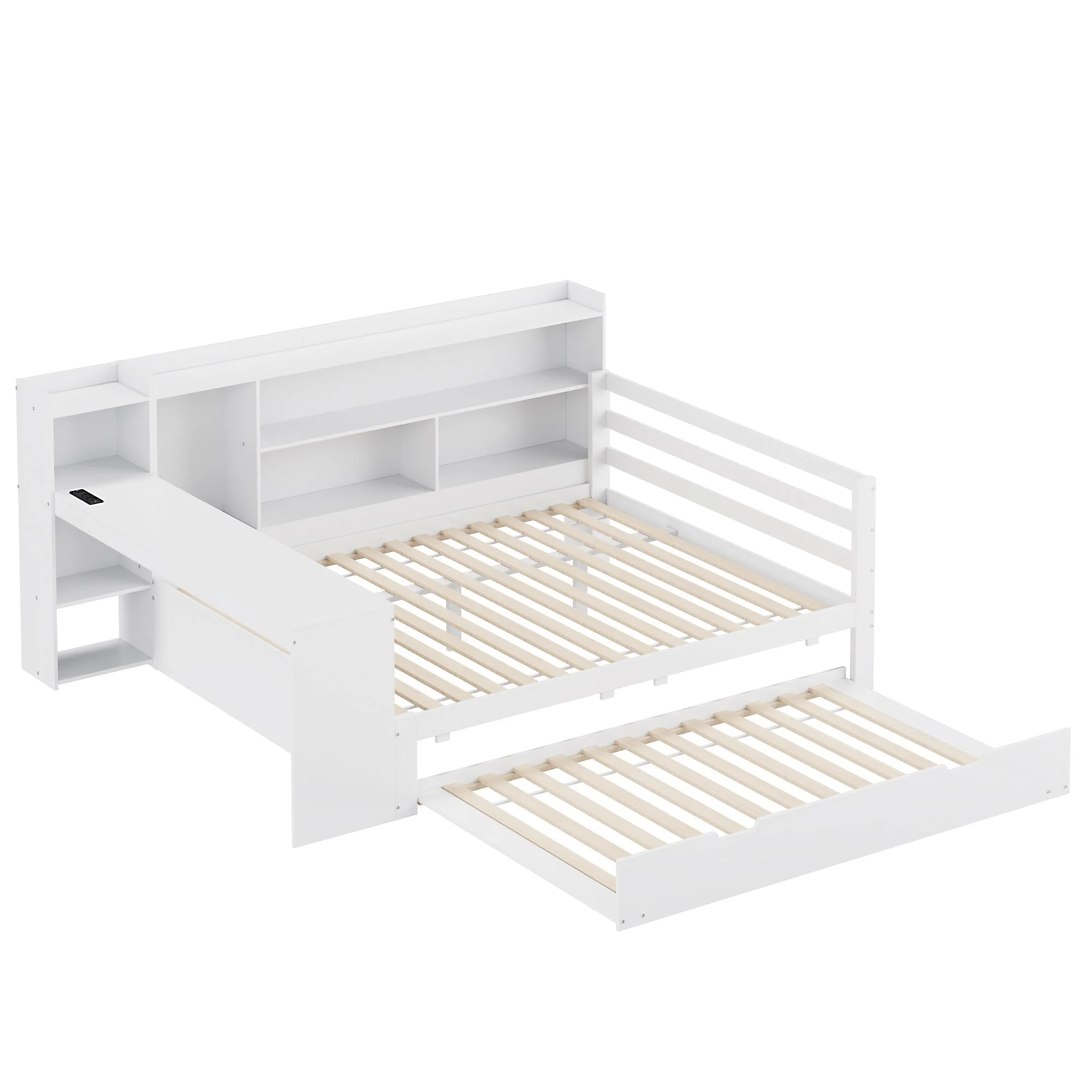 Sofa Bed, Multifunctional Double with Desk, Bookshelves, Storage, Power Outlets, Pull-Out Bed, Solid Wood - Image 10