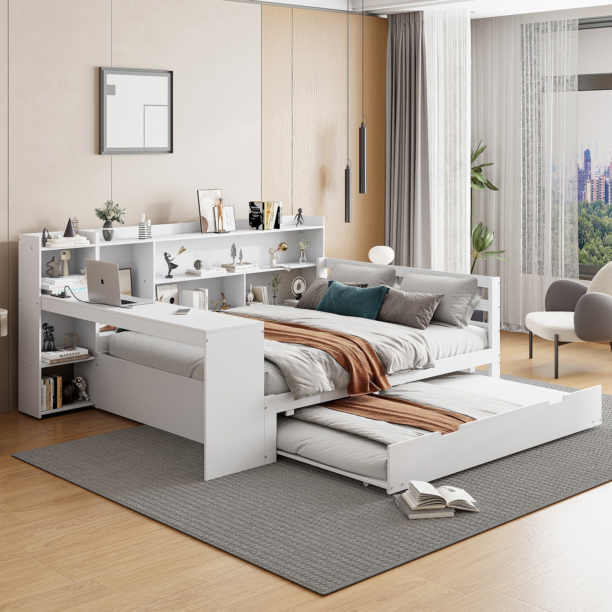 Sofa Bed, Multifunctional Double with Desk, Bookshelves, Storage, Power Outlets, Pull-Out Bed, Solid Wood - Image 2