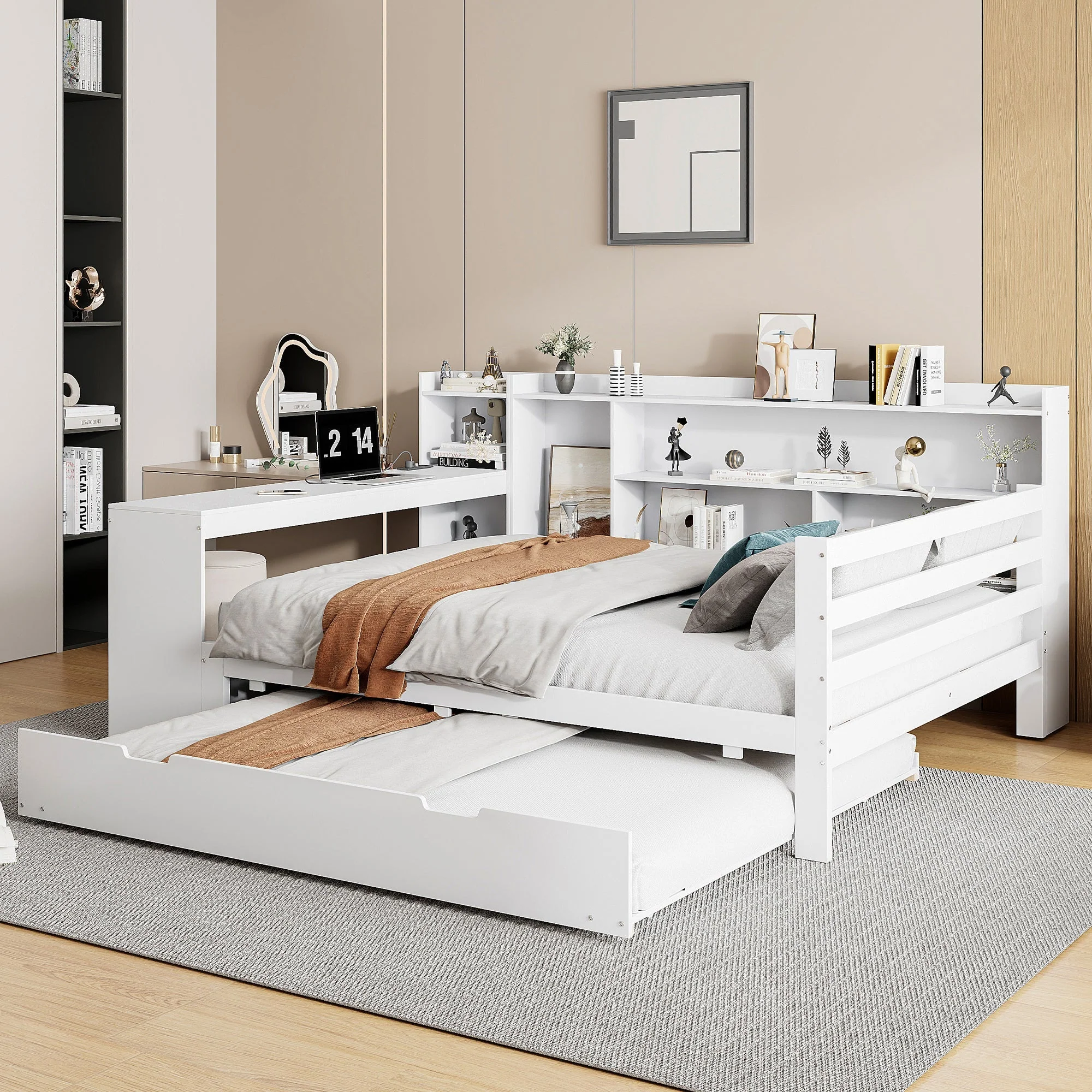 Sofa Bed, Multifunctional Double with Desk, Bookshelves, Storage, Power Outlets, Pull-Out Bed, Solid Wood - Image 4