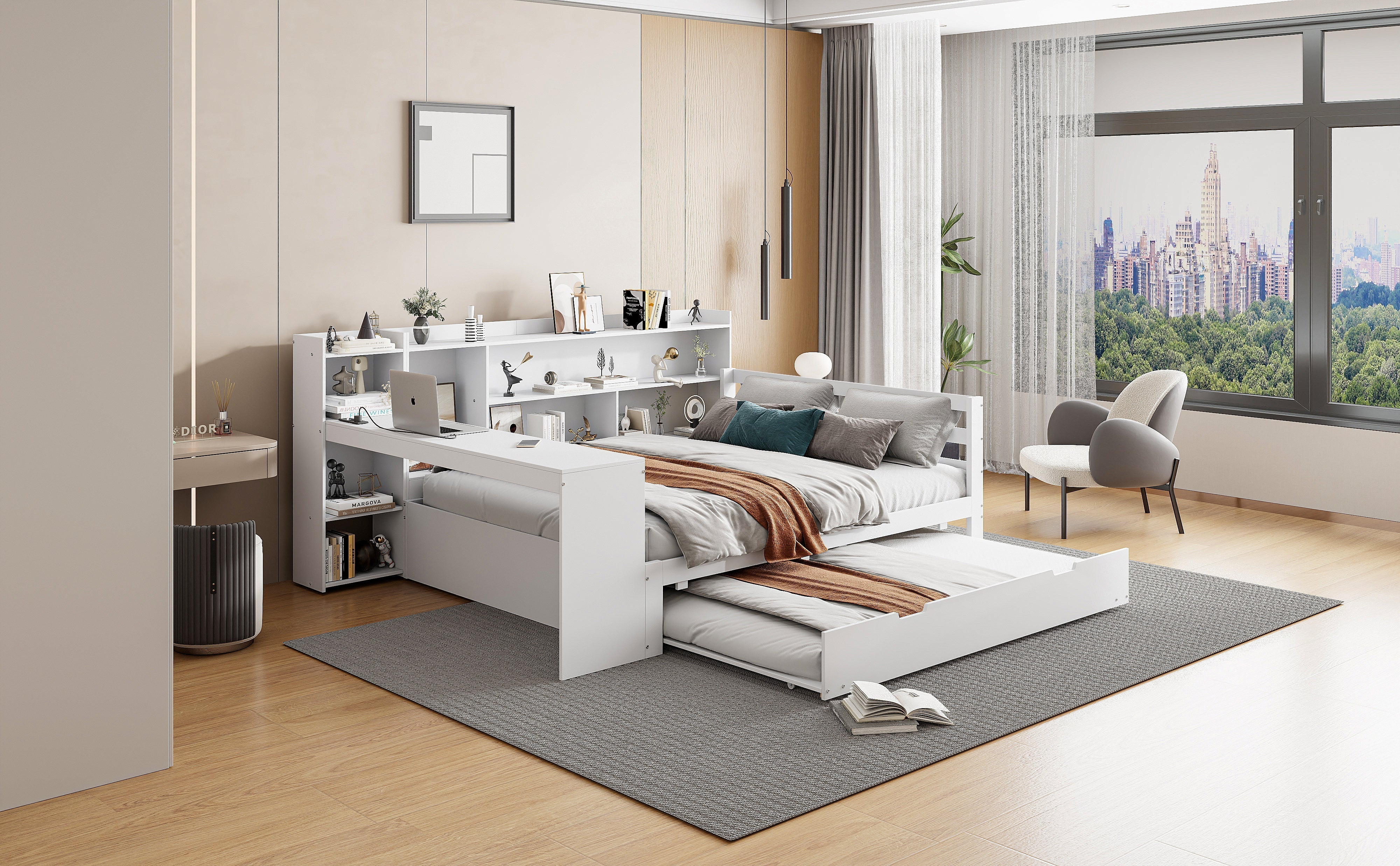 Sofa Bed, Multifunctional Double with Desk, Bookshelves, Storage, Power Outlets, Pull-Out Bed, Solid Wood - Image 5