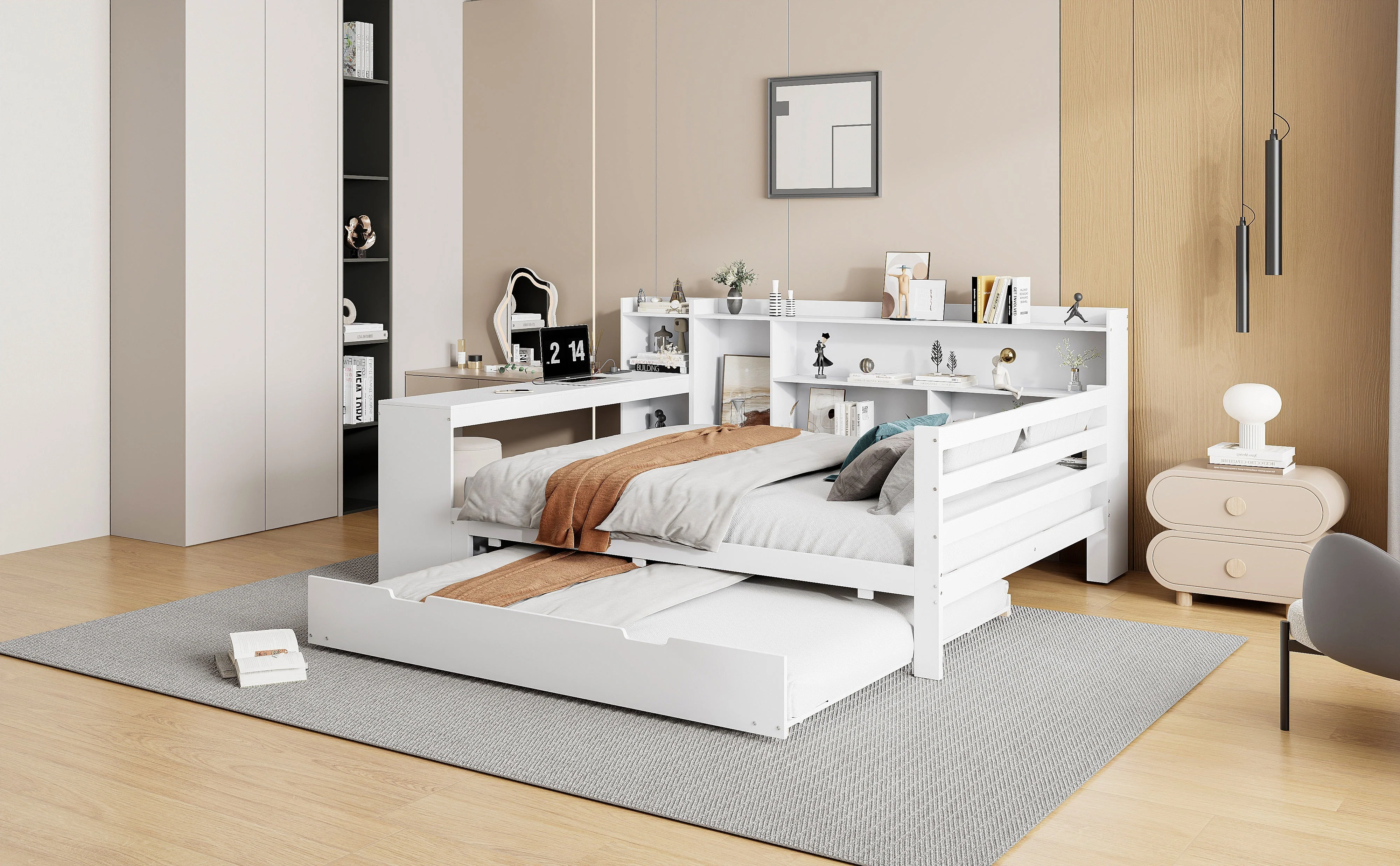 Sofa Bed, Multifunctional Double with Desk, Bookshelves, Storage, Power Outlets, Pull-Out Bed, Solid Wood - Image 7