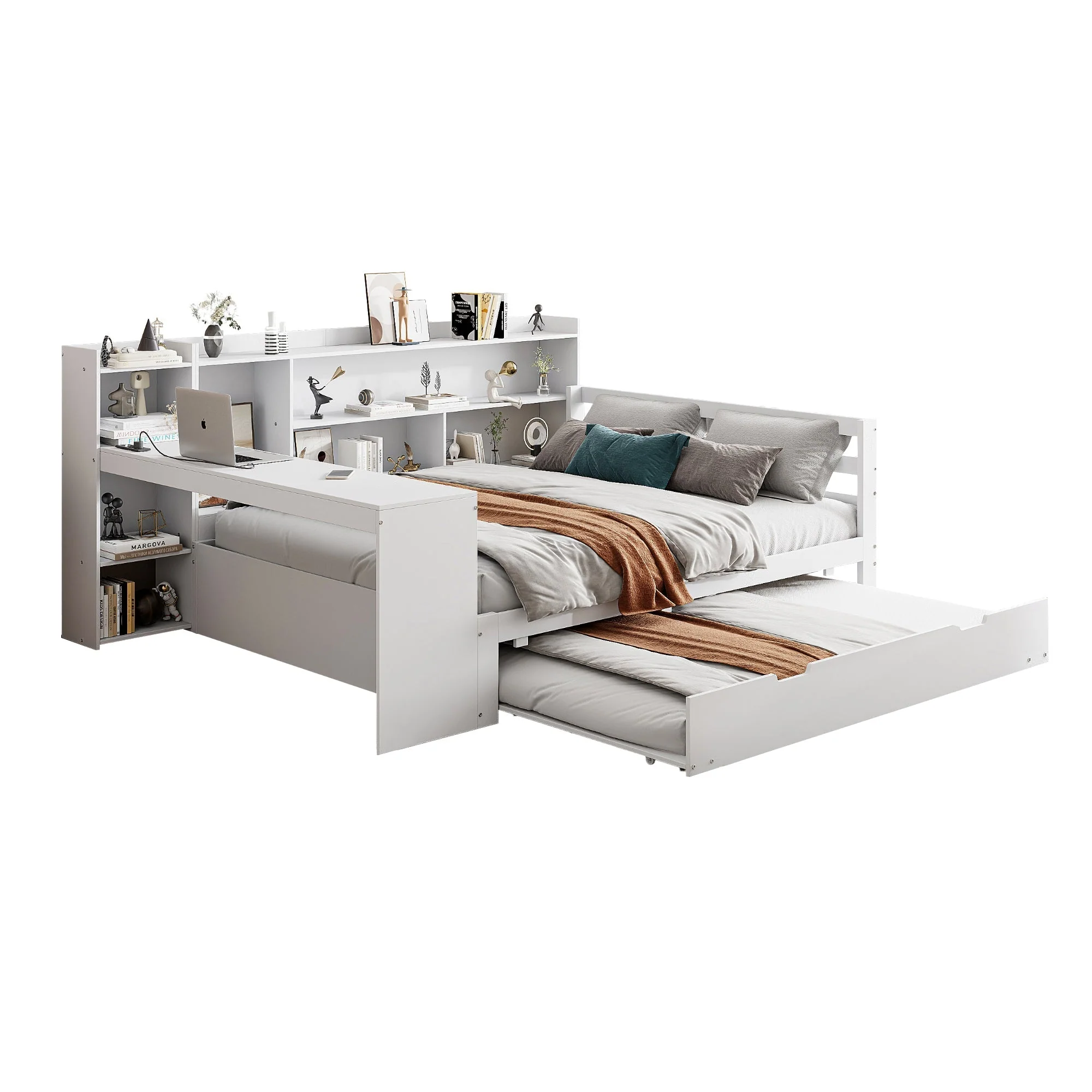 Sofa Bed, Multifunctional Double with Desk, Bookshelves, Storage, Power Outlets, Pull-Out Bed, Solid Wood - Image 8