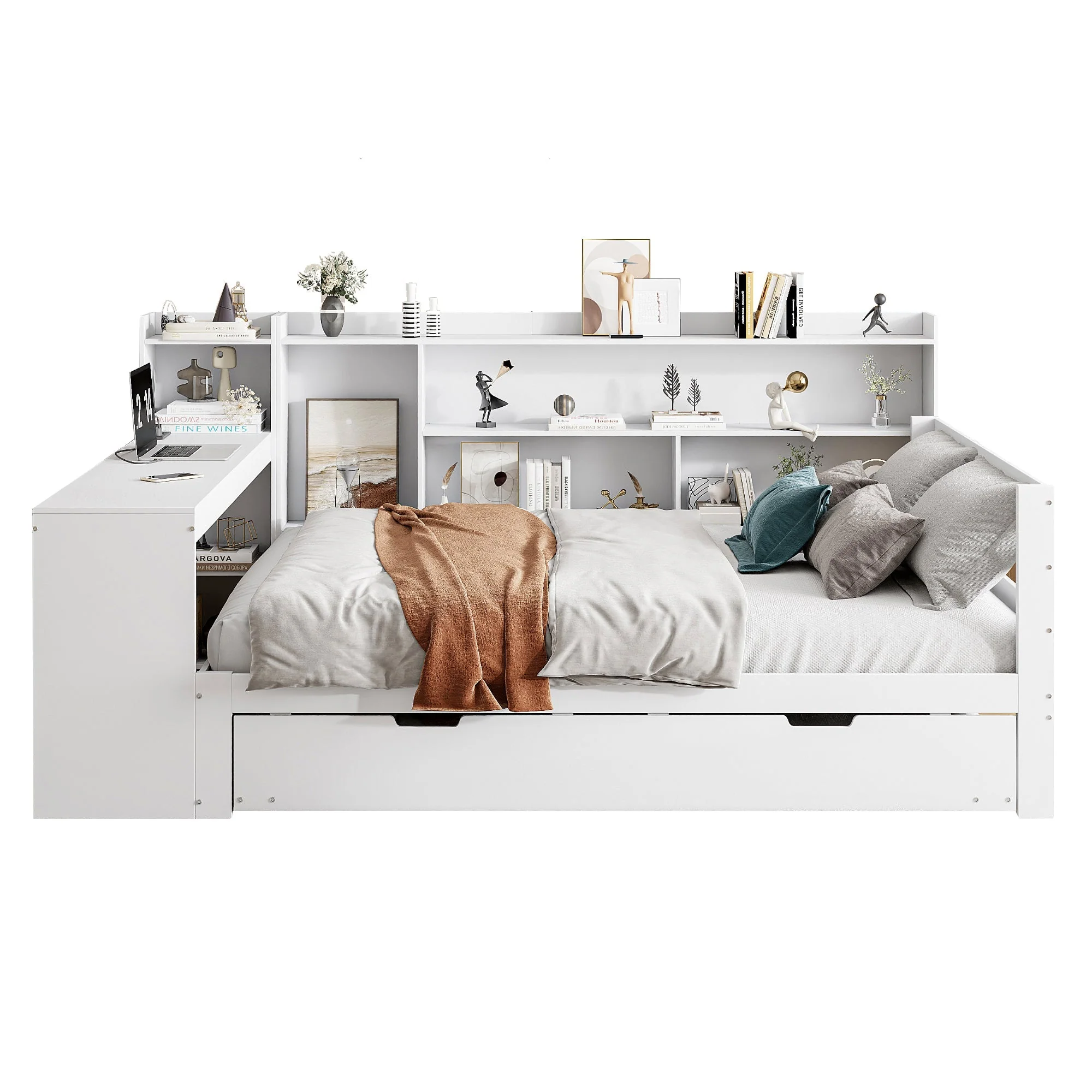 Sofa Bed, Multifunctional Double with Desk, Bookshelves, Storage, Power Outlets, Pull-Out Bed, Solid Wood - Image 9
