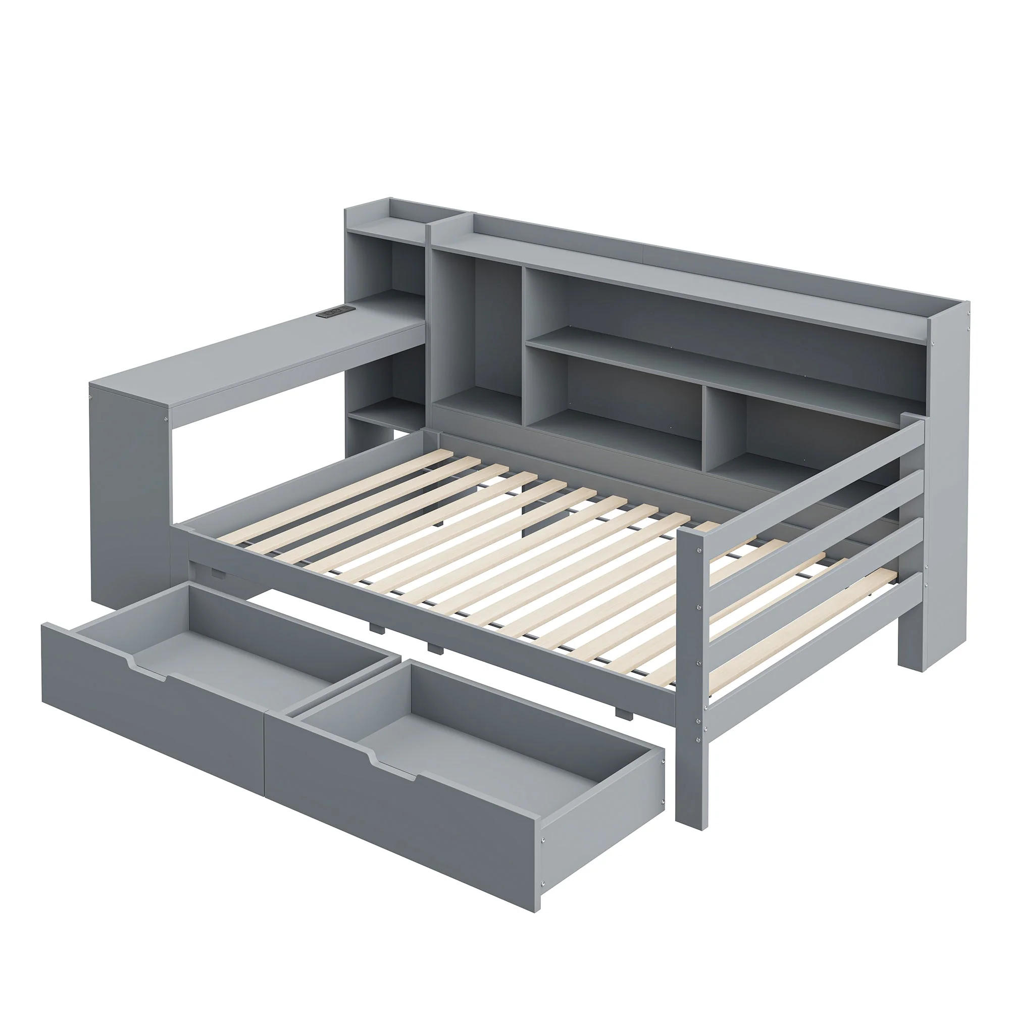 Sofa Bed, Multifunctional with Desk, Bookshelf, Storage & Power Outlet, Solid Wood, Grey - Image 10