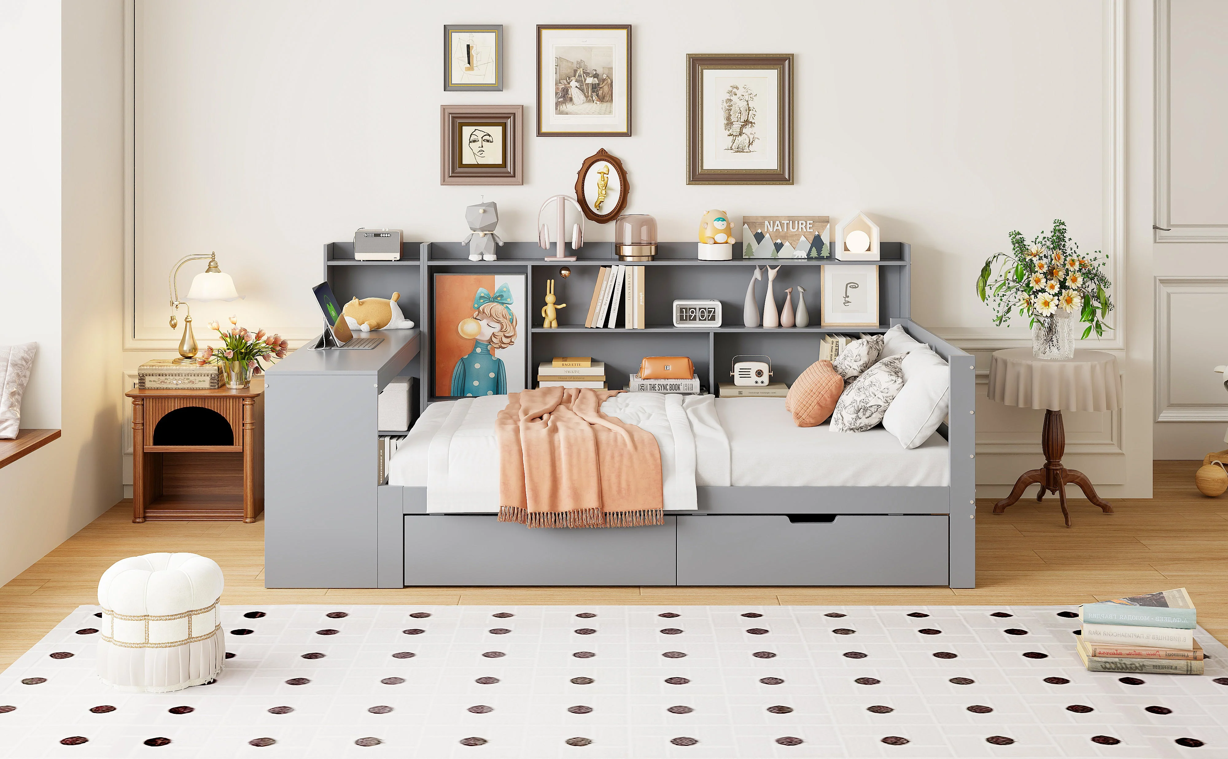 Sofa Bed, Multifunctional with Desk, Bookshelf, Storage & Power Outlet, Solid Wood, Grey - Image 5