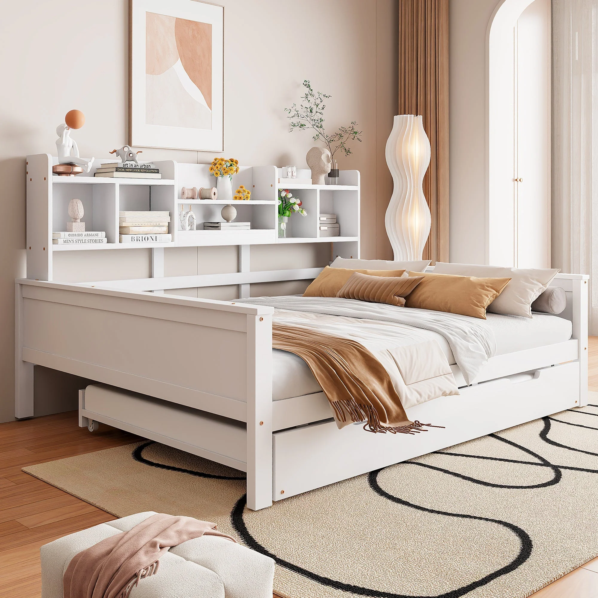 Sofa Bed, Pull-Out 140x200CM, Storage & Slatted Frame, Pine Wood White - Image 3