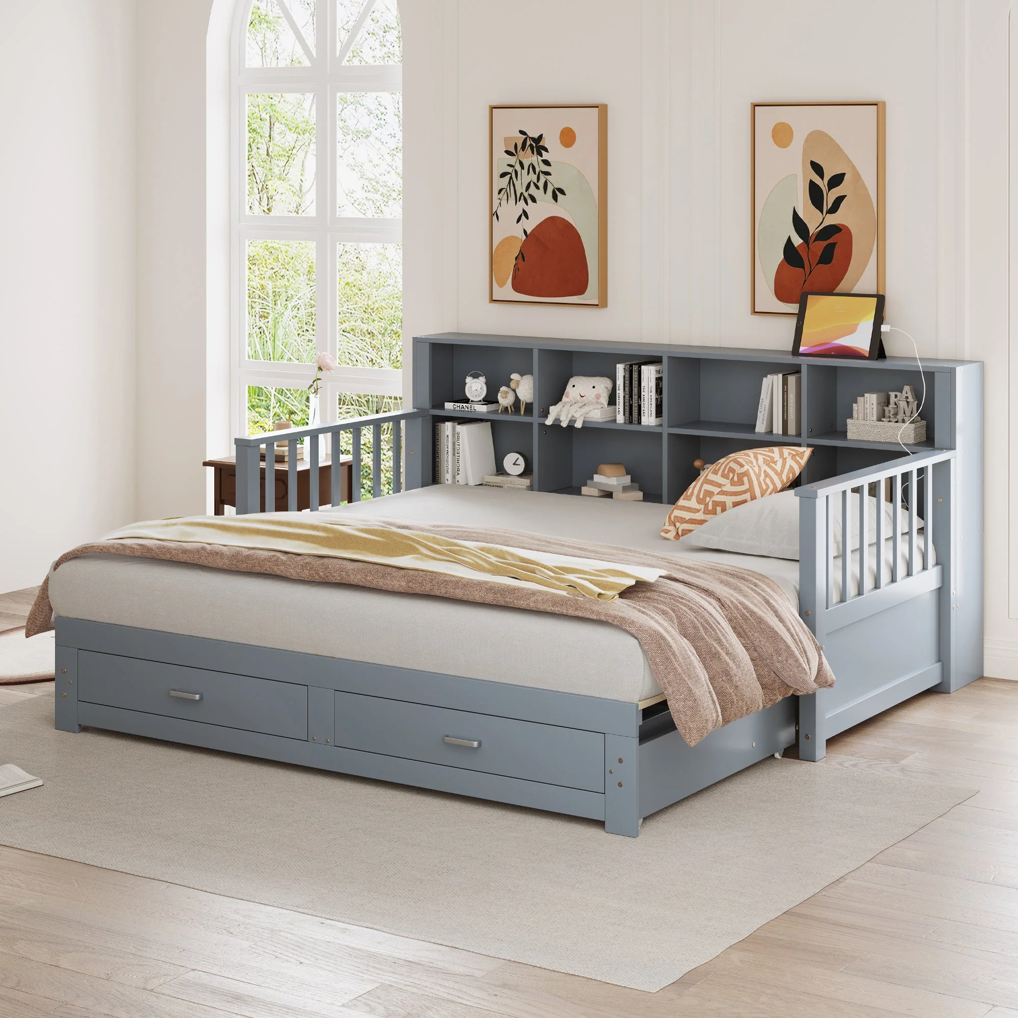 Sofa Bed, Pull-Out 90/180x190 cm with Storage & Charging, 2 Drawers, Pine, Grey - Image 4