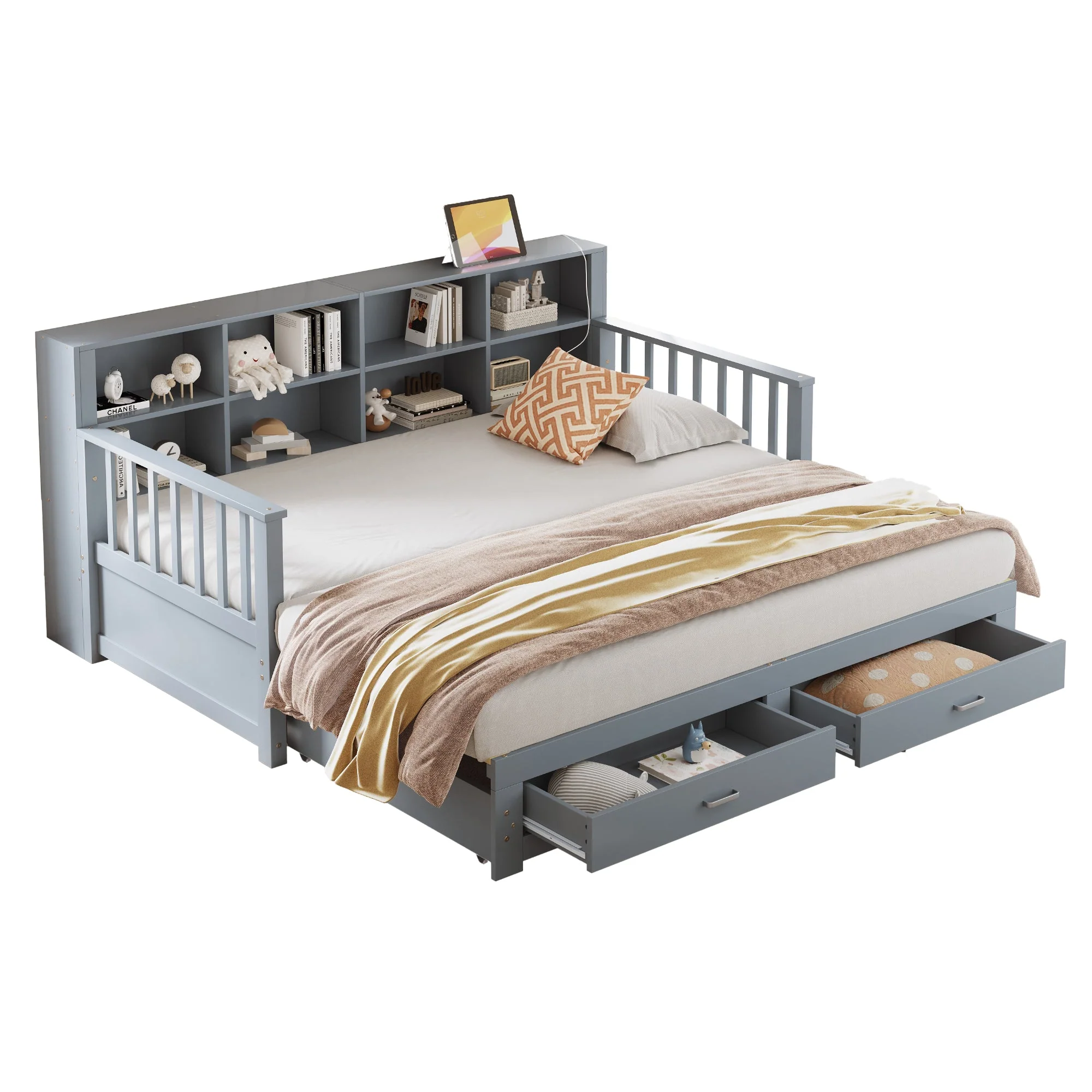 Sofa Bed, Pull-Out 90/180x190 cm with Storage & Charging, 2 Drawers, Pine, Grey - Image 8