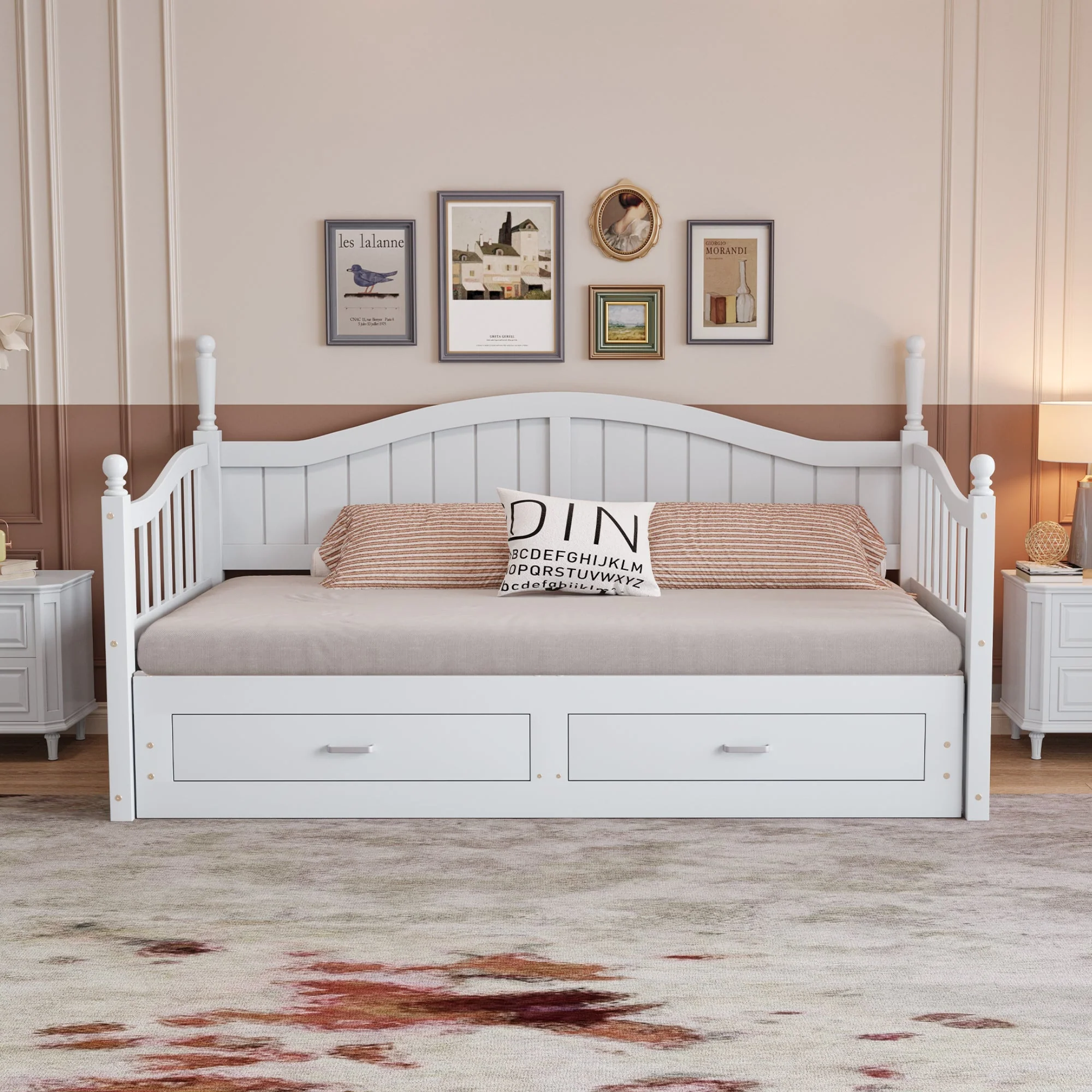 Sofa Bed, Pull-Out Multifunctional with Drawers & Slatted Frame, Pinewood White - Image 2