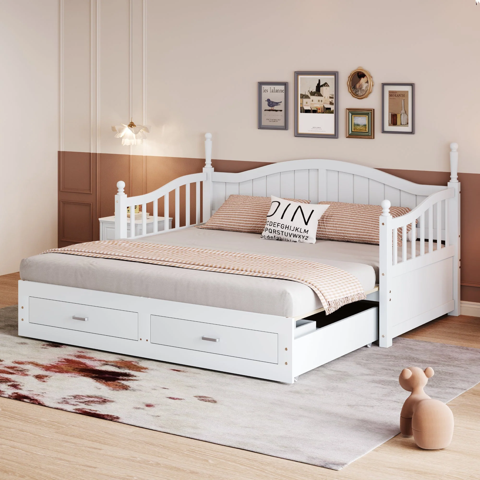 Sofa Bed, Pull-Out Multifunctional with Drawers & Slatted Frame, Pinewood White - Image 3