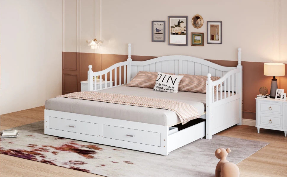 Sofa Bed, Pull-Out Multifunctional with Drawers & Slatted Frame, Pinewood White - Image 6
