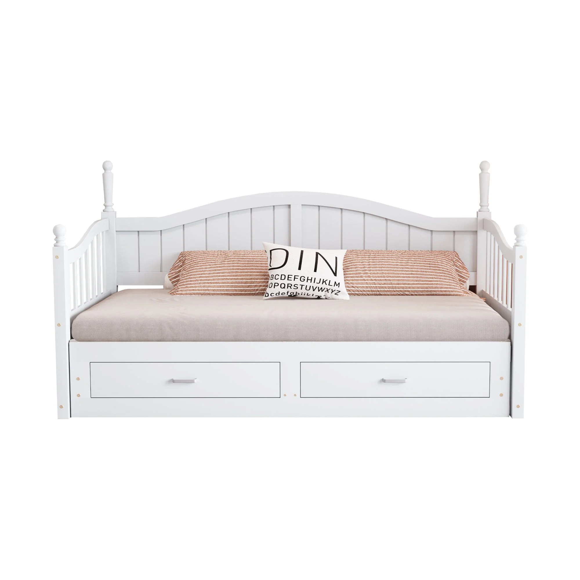 Sofa Bed, Pull-Out Multifunctional with Drawers & Slatted Frame, Pinewood White - Image 8
