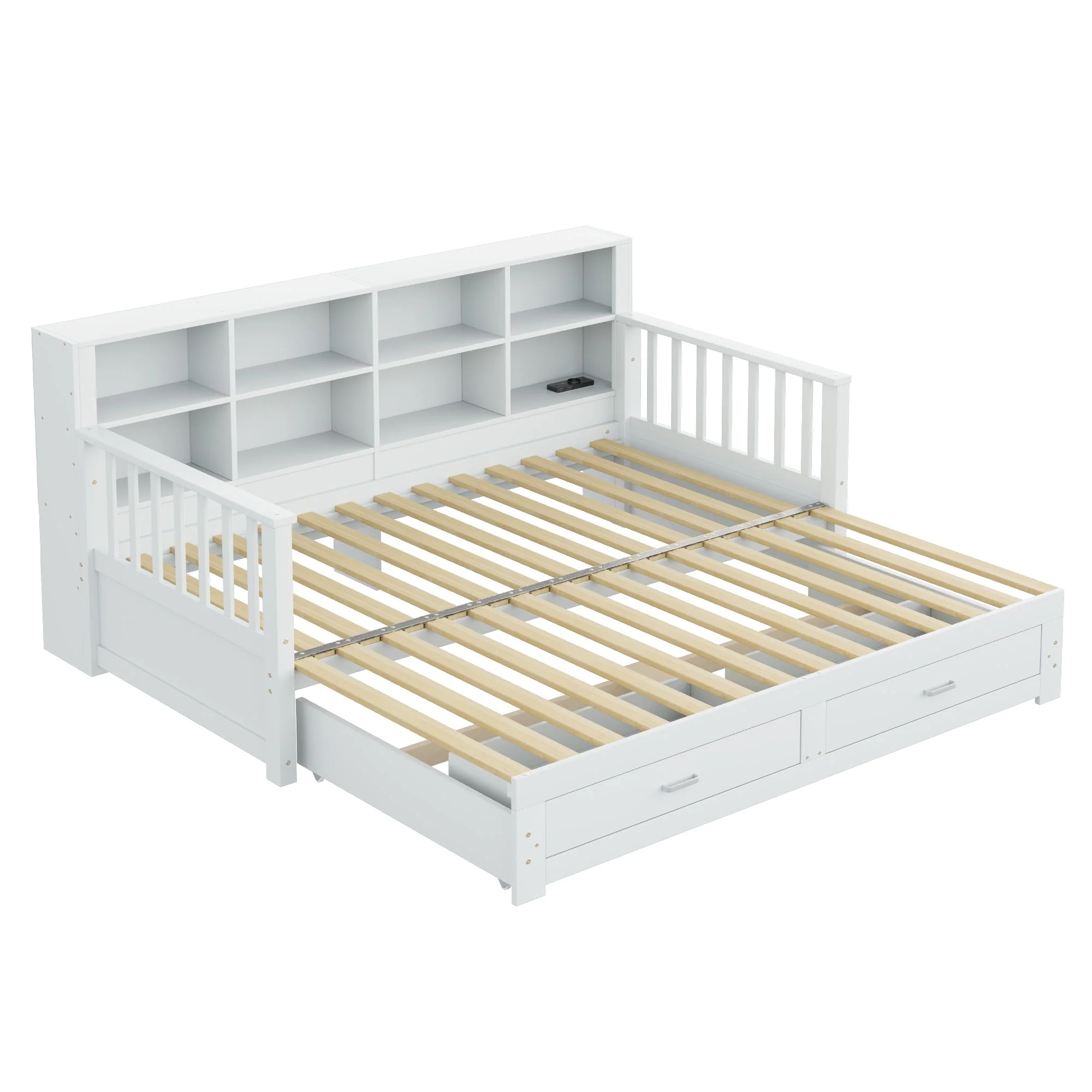 Sofa Bed, Pull-Out Solid Wood with Storage, Drawers & Slatted Frame, White - Image 10