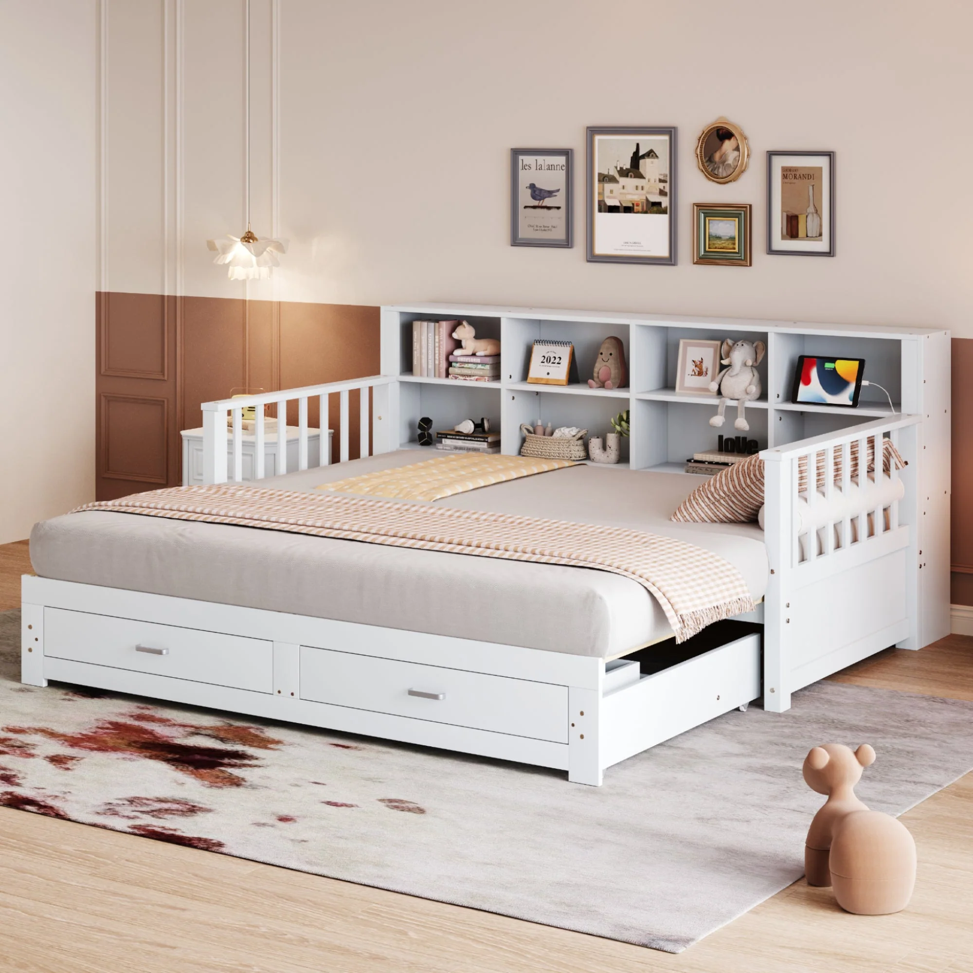Sofa Bed, Pull-Out Solid Wood with Storage, Drawers & Slatted Frame, White - Image 4