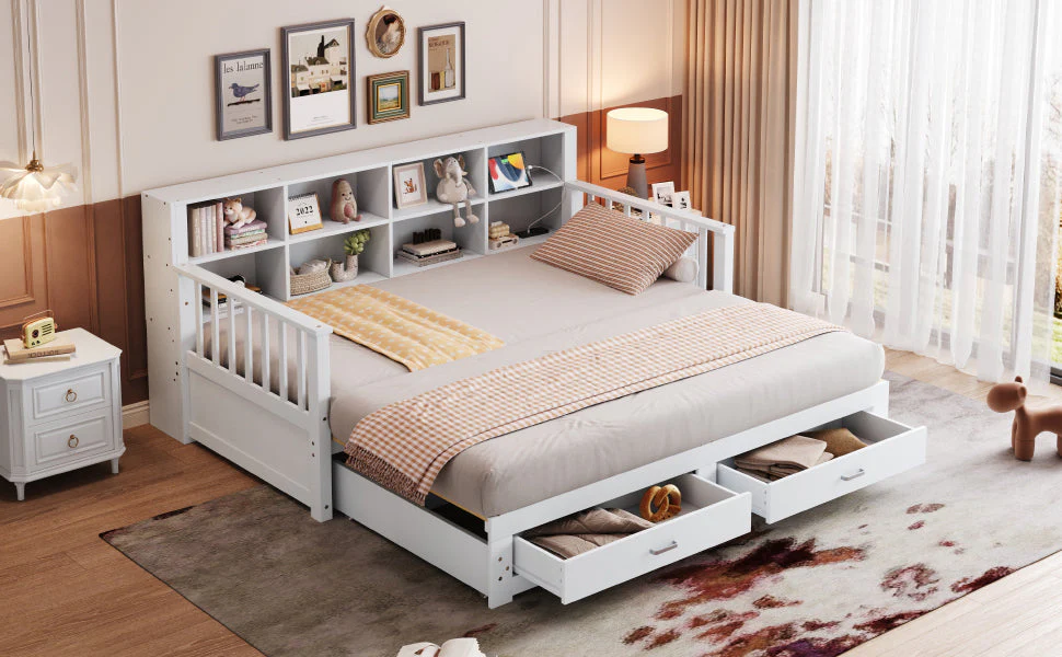 Sofa Bed, Pull-Out Solid Wood with Storage, Drawers & Slatted Frame, White - Image 5