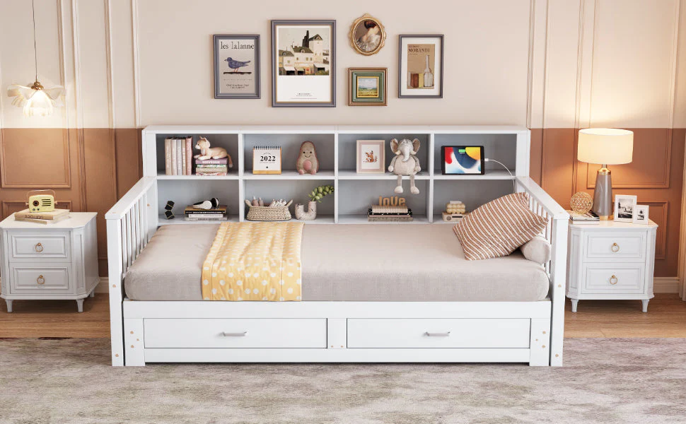 Sofa Bed, Pull-Out Solid Wood with Storage, Drawers & Slatted Frame, White - Image 6