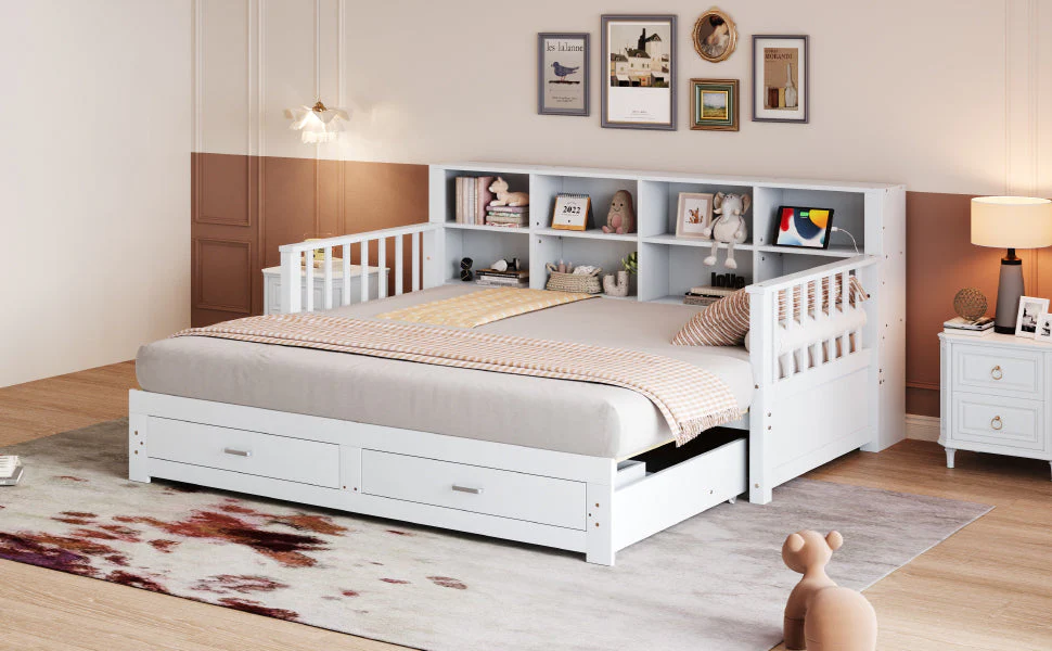 Sofa Bed, Pull-Out Solid Wood with Storage, Drawers & Slatted Frame, White - Image 7