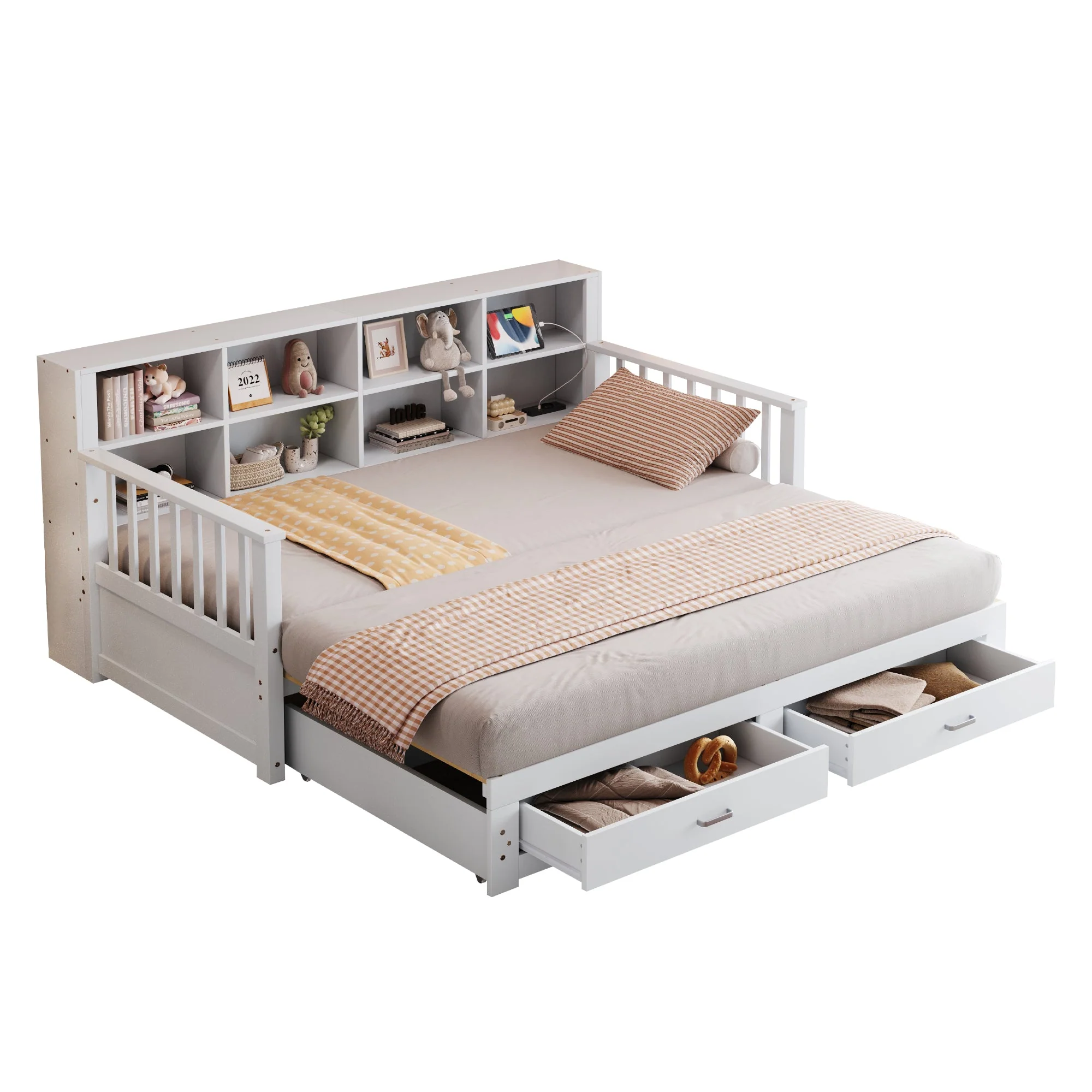 Sofa Bed, Pull-Out Solid Wood with Storage, Drawers & Slatted Frame, White - Image 8