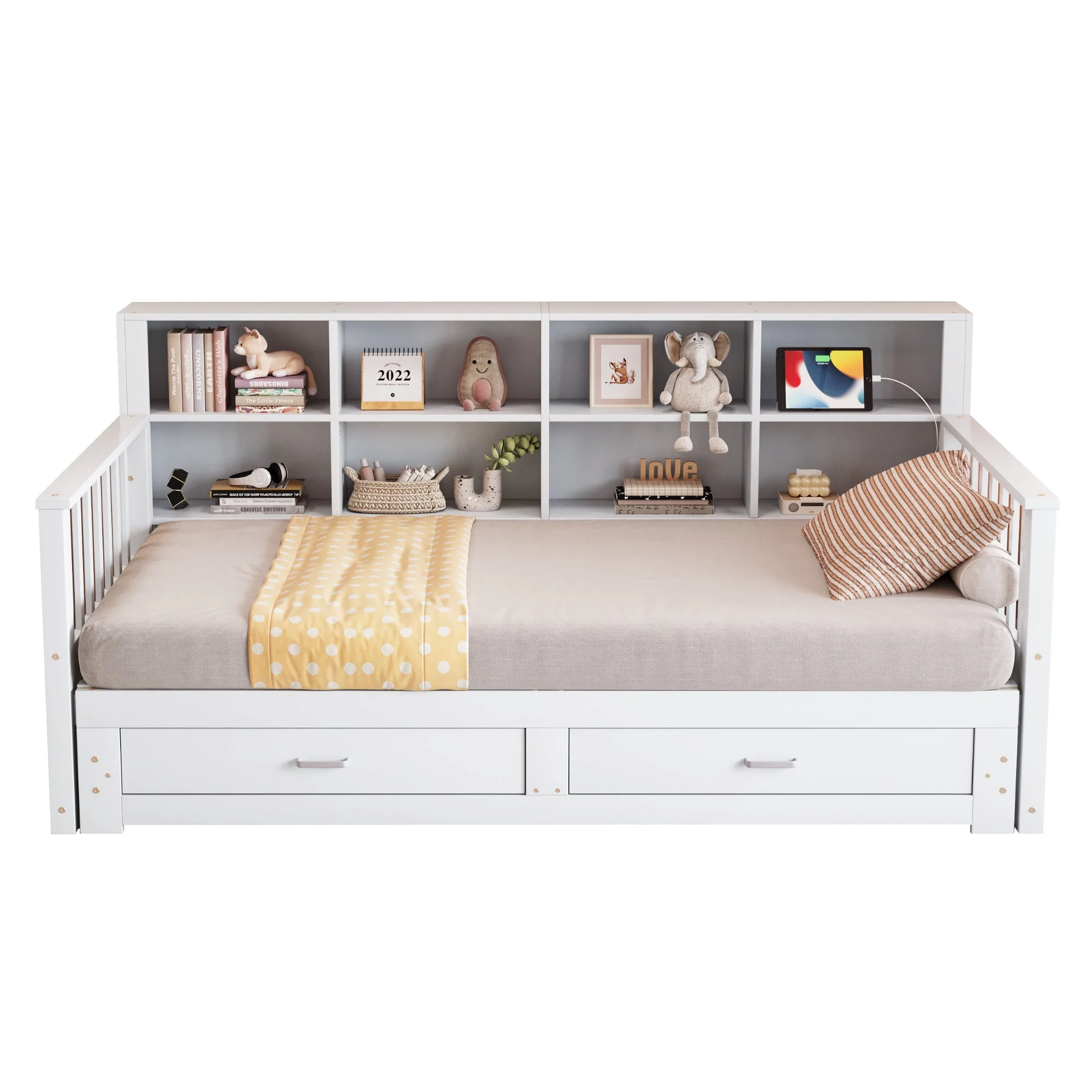 Sofa Bed, Pull-Out Solid Wood with Storage, Drawers & Slatted Frame, White - Image 9
