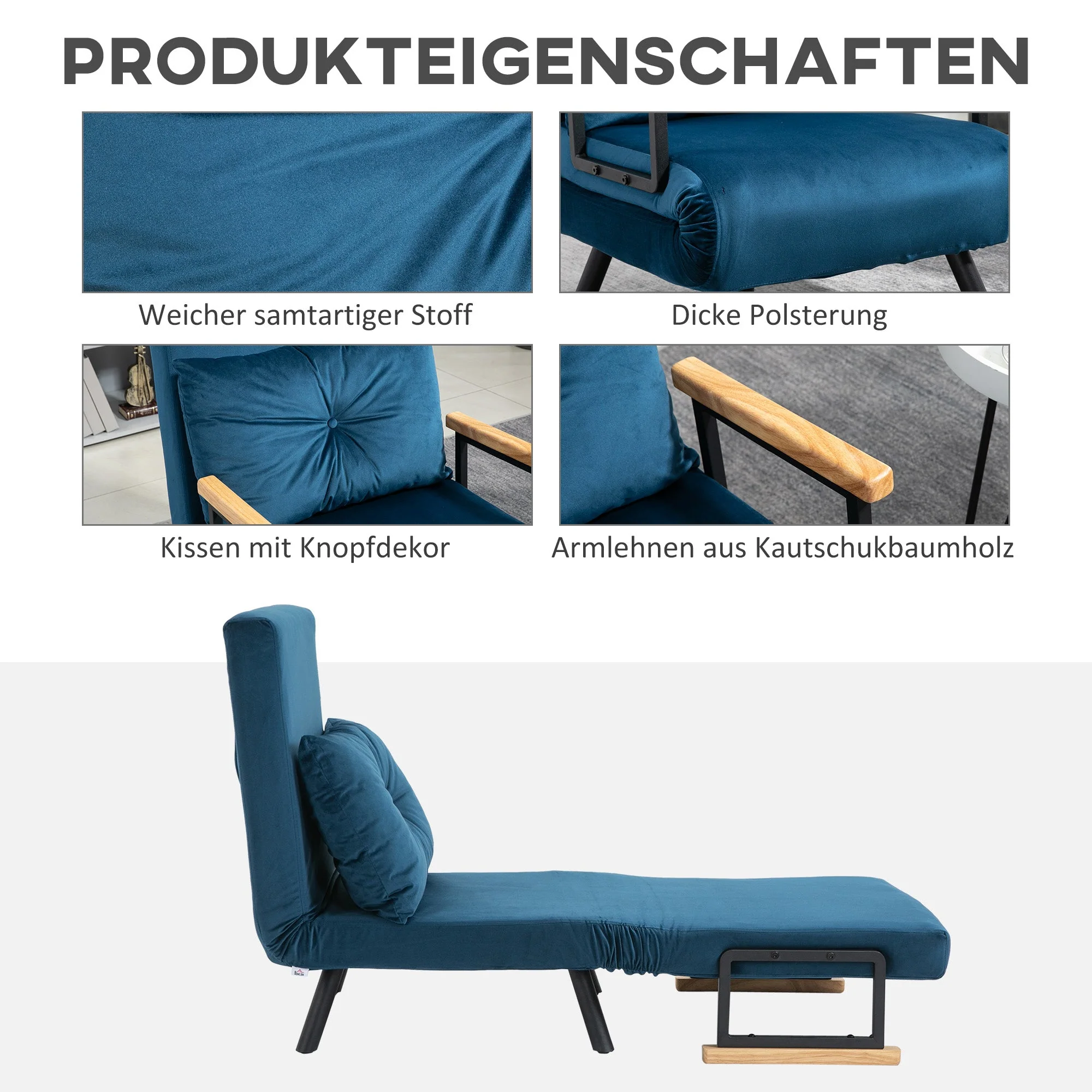 Sofa Bed Recliner Guest Bed Adjustable Backrest Velvet Blue - Image 6