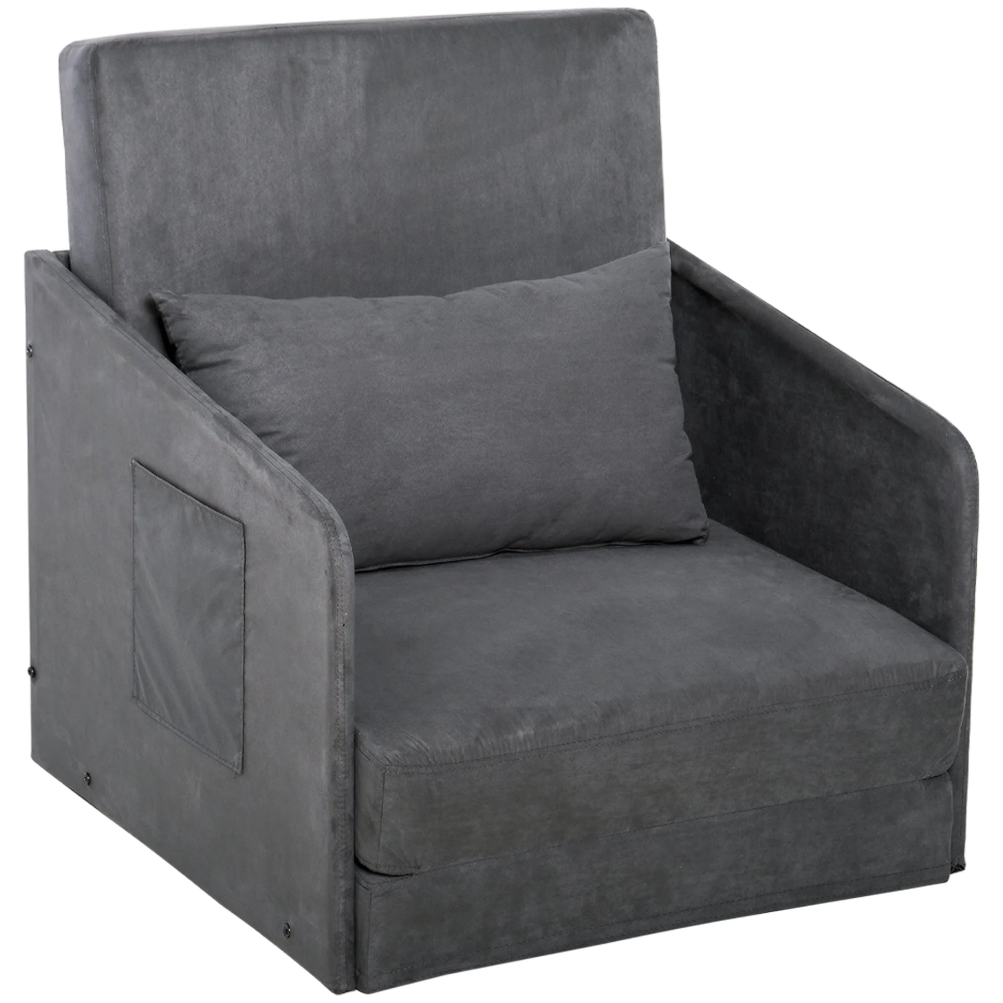 Sofa Bed, Single, Washable Cover, 2 Side Pockets, Metal Frame, Grey