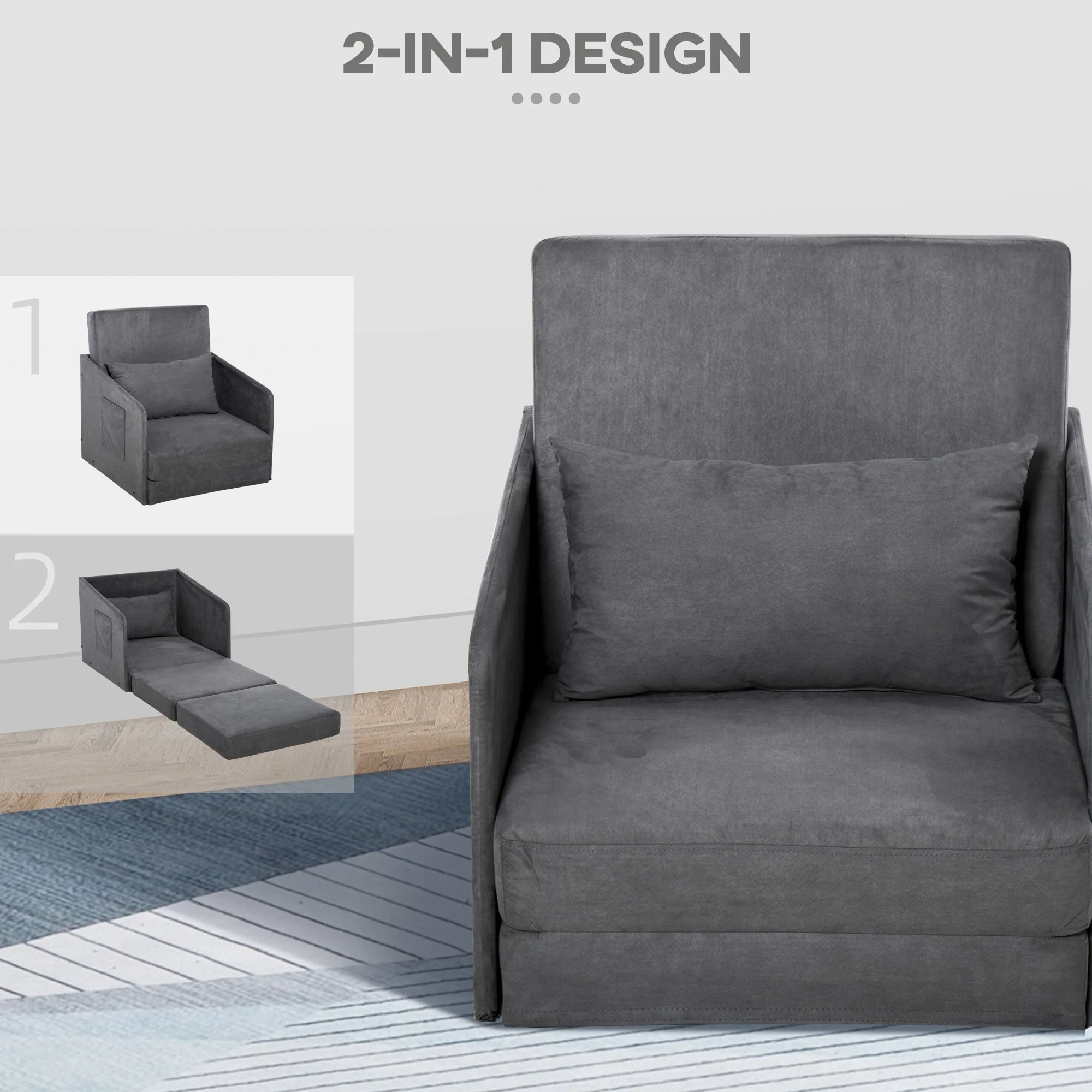 Sofa Bed, Single, Washable Cover, 2 Side Pockets, Metal Frame, Grey - Image 4