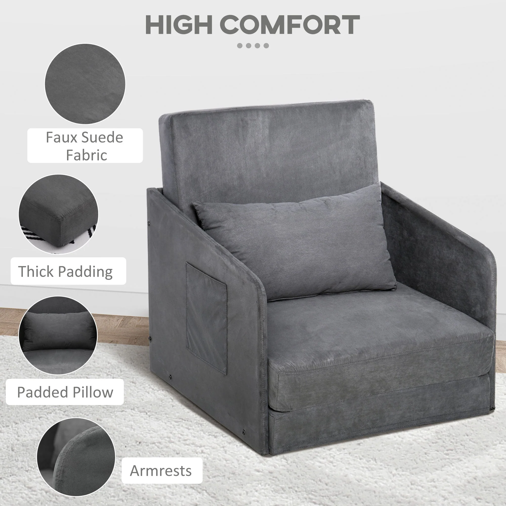 Sofa Bed, Single, Washable Cover, 2 Side Pockets, Metal Frame, Grey - Image 5