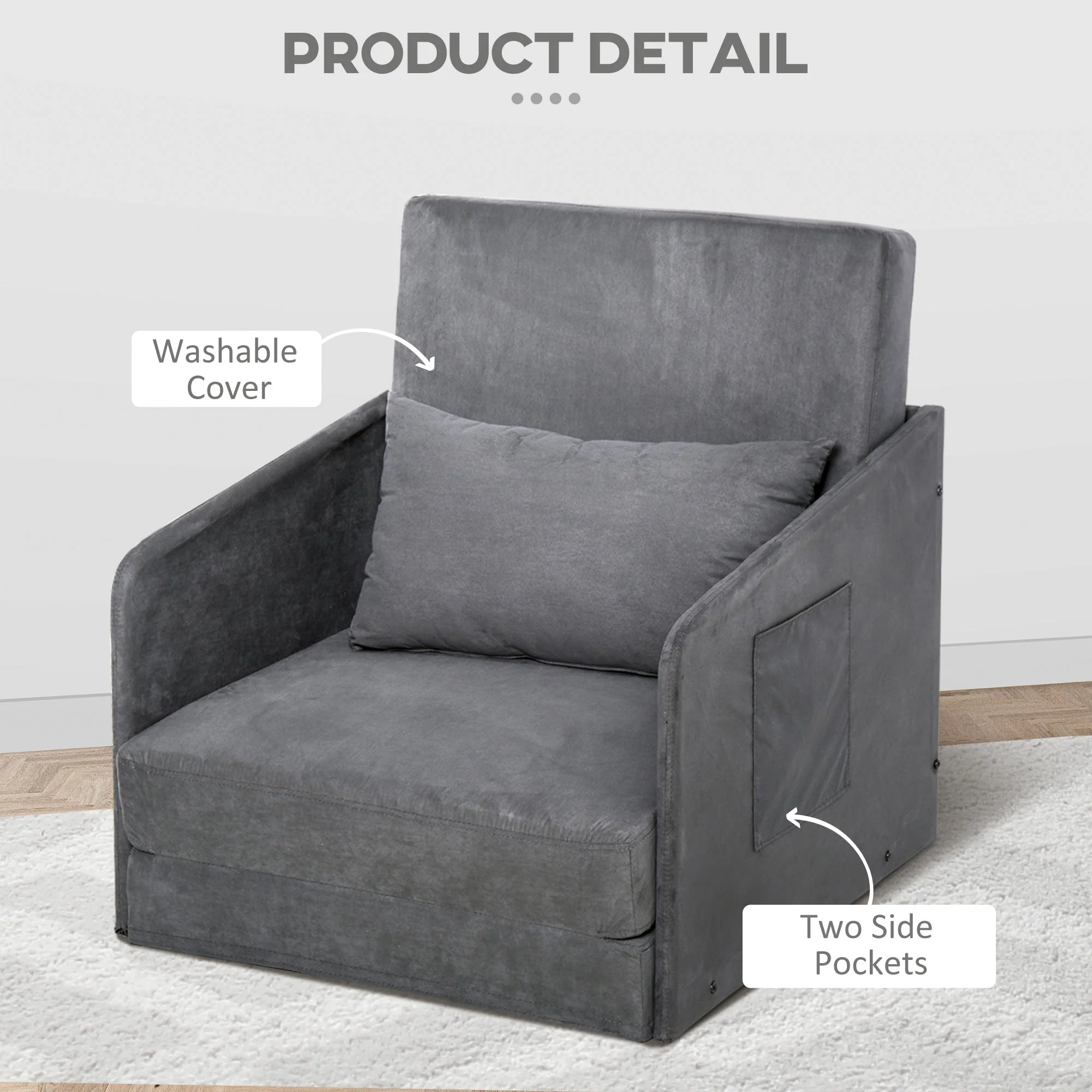 Sofa Bed, Single, Washable Cover, 2 Side Pockets, Metal Frame, Grey - Image 6