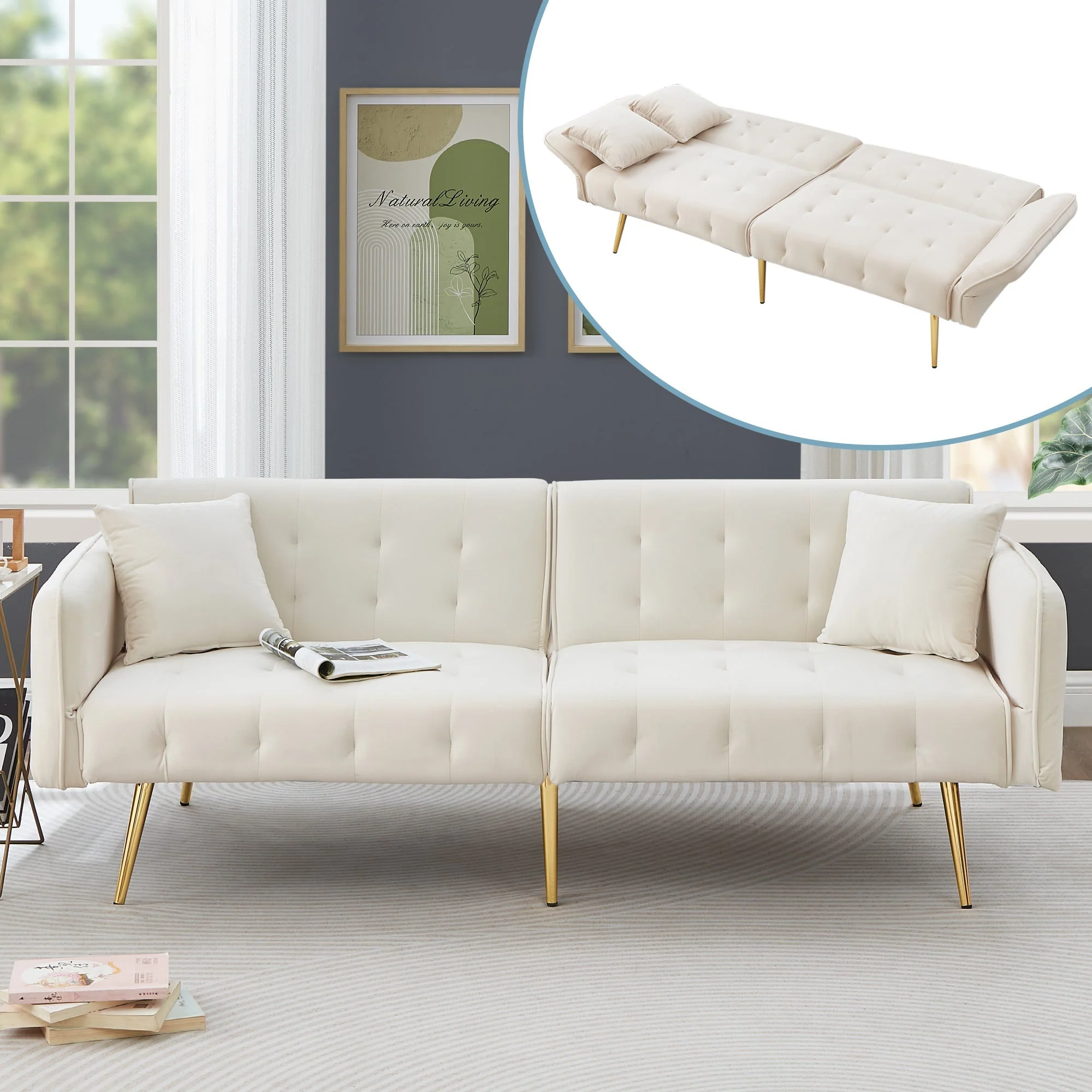 Sofa Bed, Two-Seater Multifunctional Folding with Adjustable Backrest & Armrests, Velour - Image 10